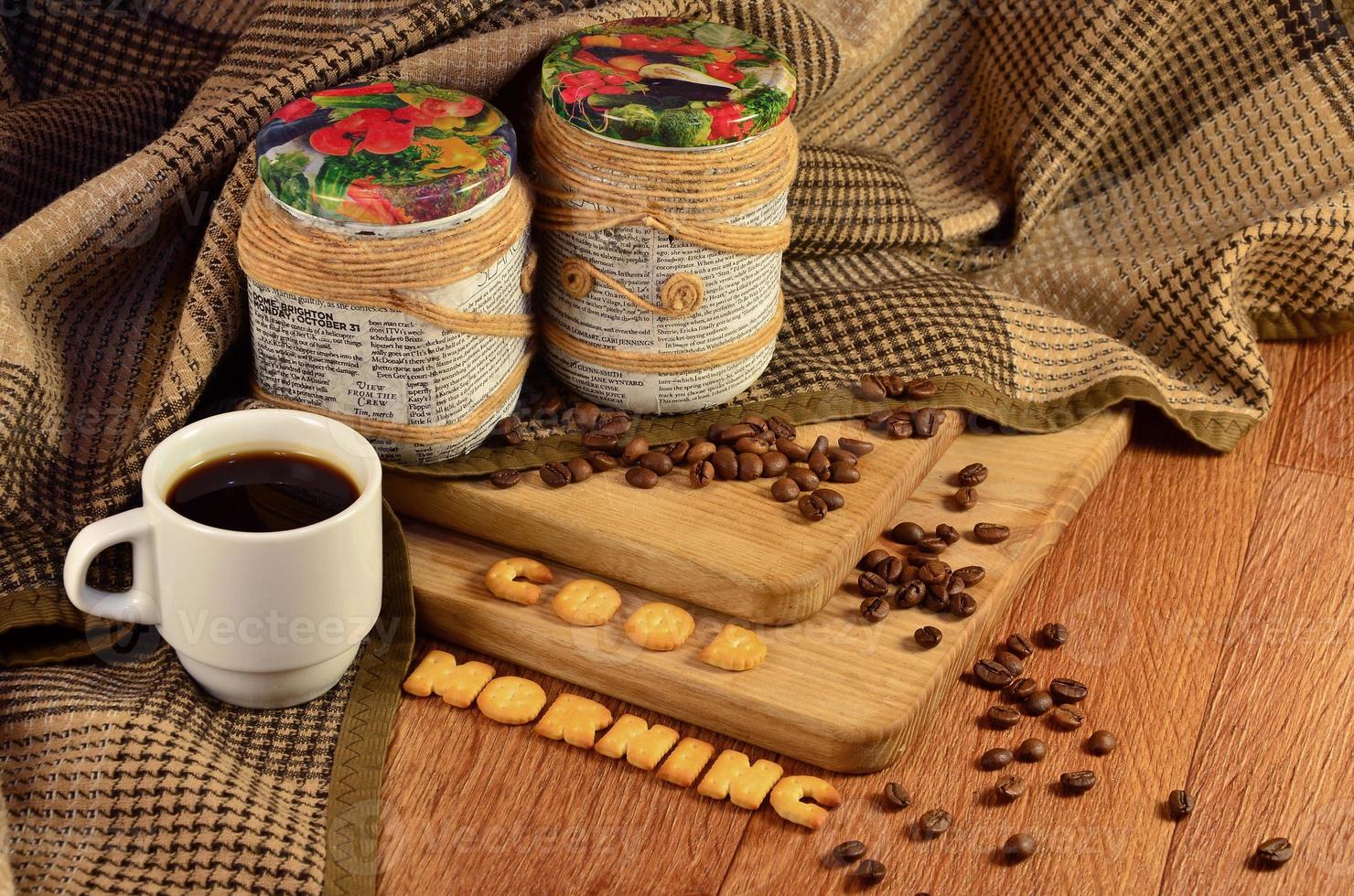 Good morning. Coffee cup and a text, composed of crackers photo