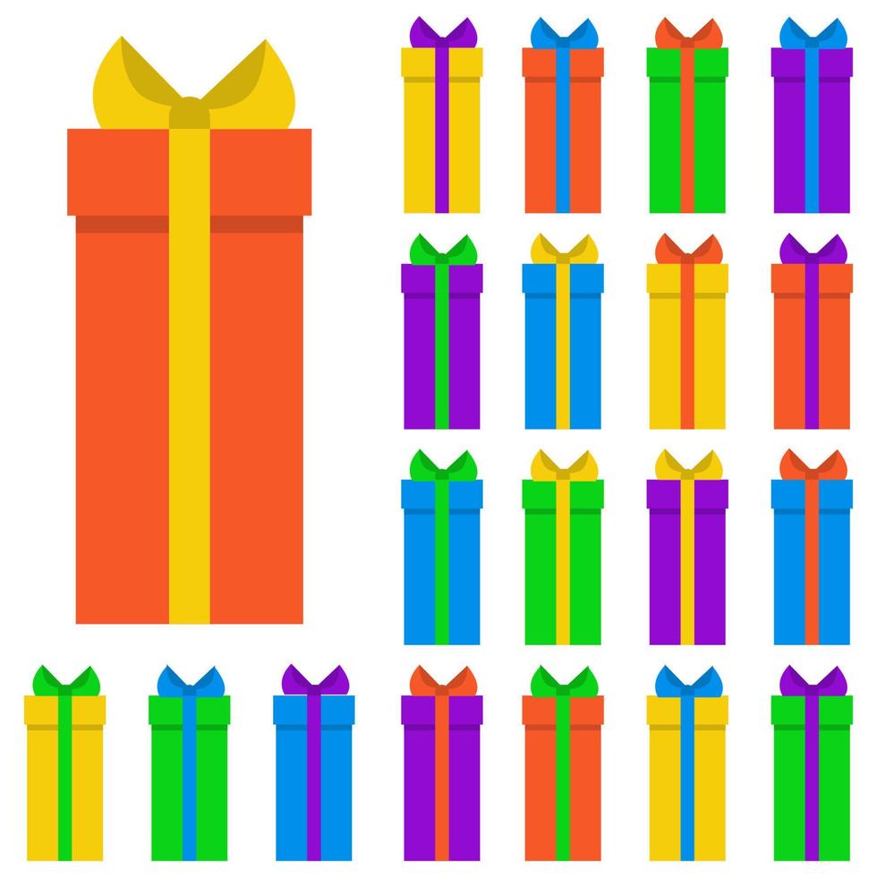 Collection of twenty multi colored gift boxes. Vector illustration