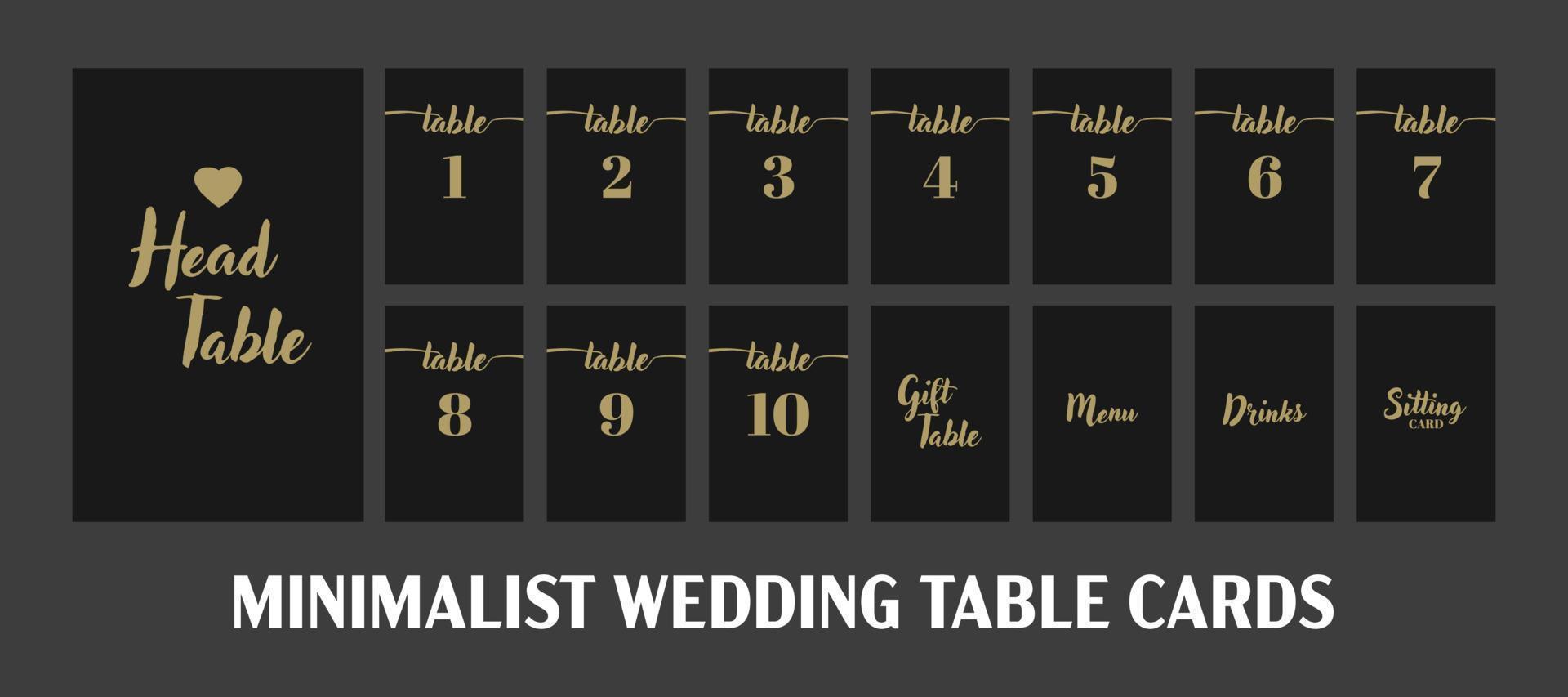 juego de tarjetas de asiento de mesa de boda, plantilla vectorial con números y nombres. elegantes tarjetas estacionarias minimalistas de color negro y colección de caligrafía dorada. vector