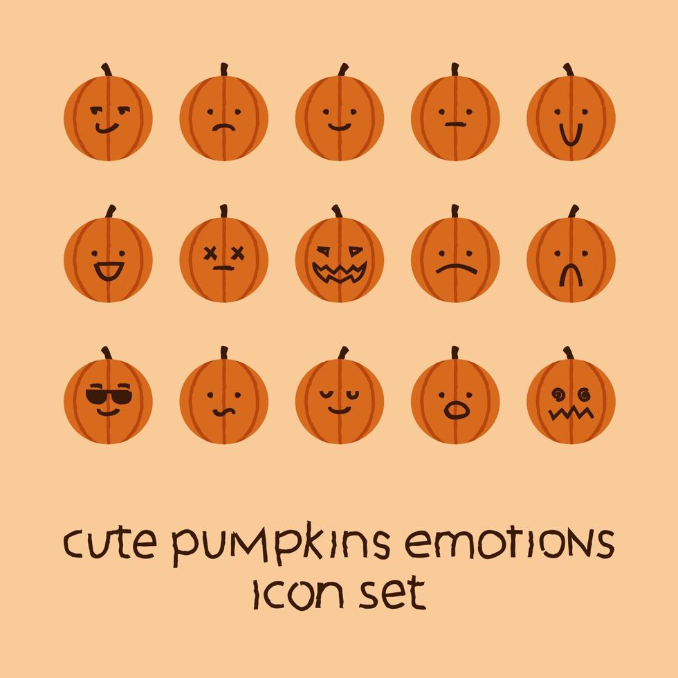 linda colección de emoticonos de calabaza. conjunto de iconos de halloween jack-o-lantern, diferentes caras y expresiones faciales, diseño vectorial dibujado a mano. divertidas pegatinas de vacaciones. vector