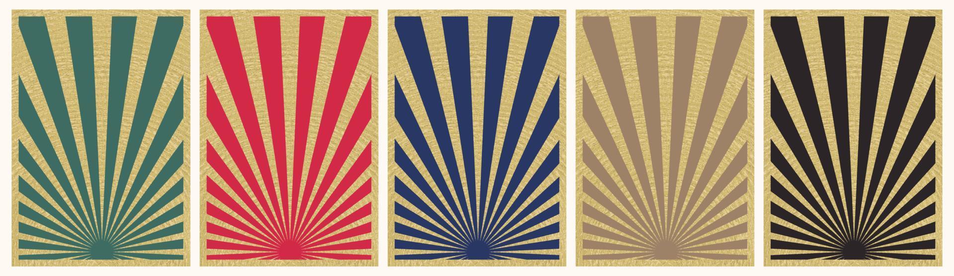 Set of Five, Retro Inspired Vertical Posters with Gold Foil Overlay, Different Sunburst Promo Background Templates. vector