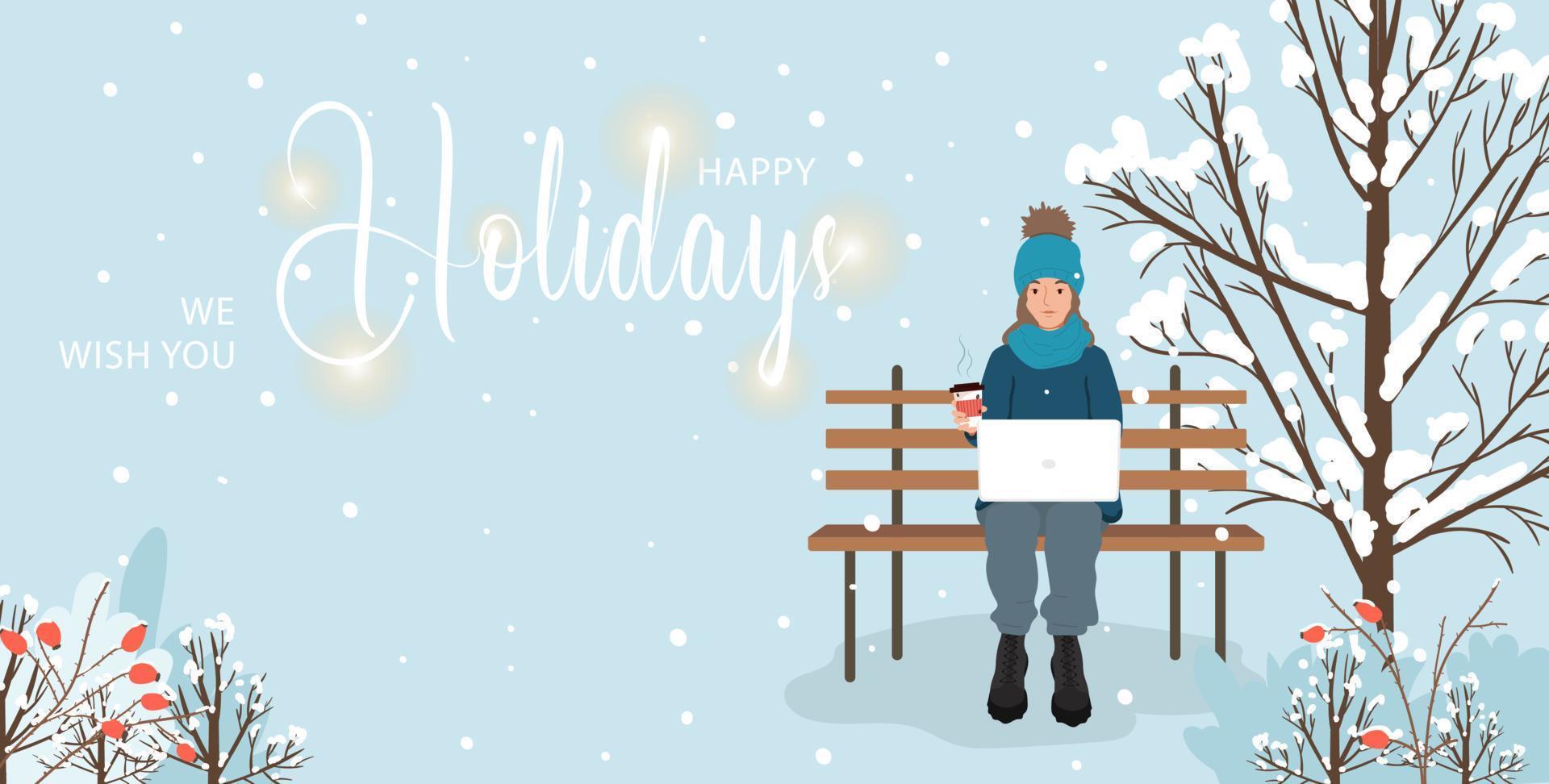 Vector Christmas card with young girl sitting on a bench in a park with coffee and a laptop. Concept of remote work, freelancing or studying online. Flat vector illustration