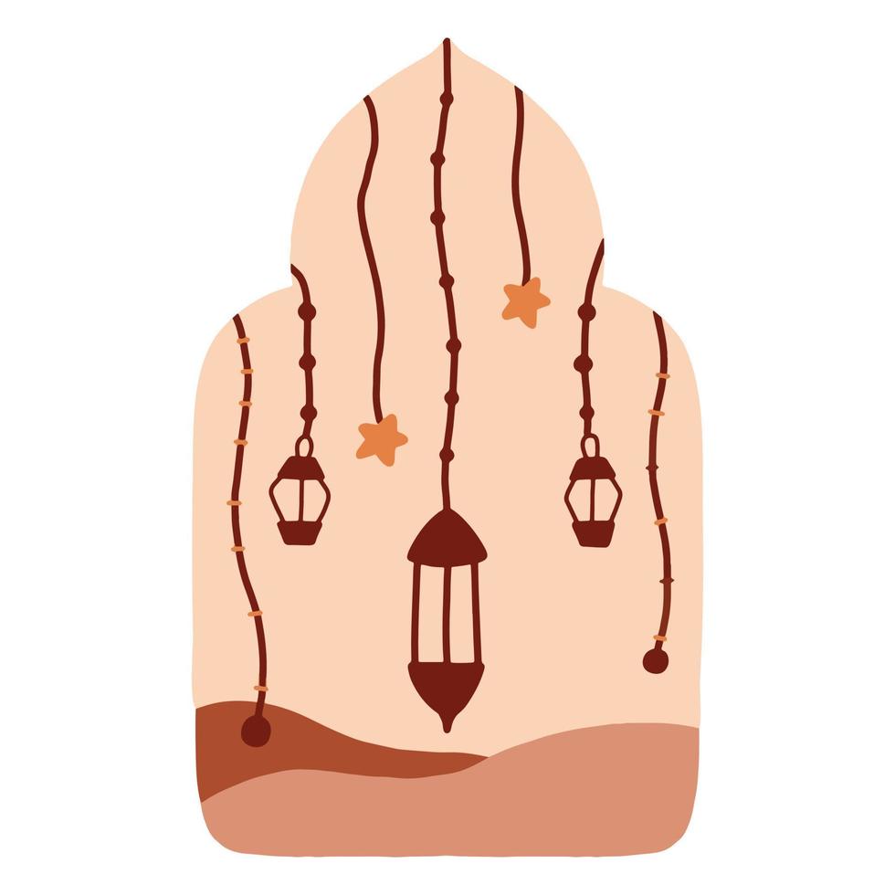 Islamic window and arch poster in oriental style with modern boho style design,lamp .Vector illustration. vector