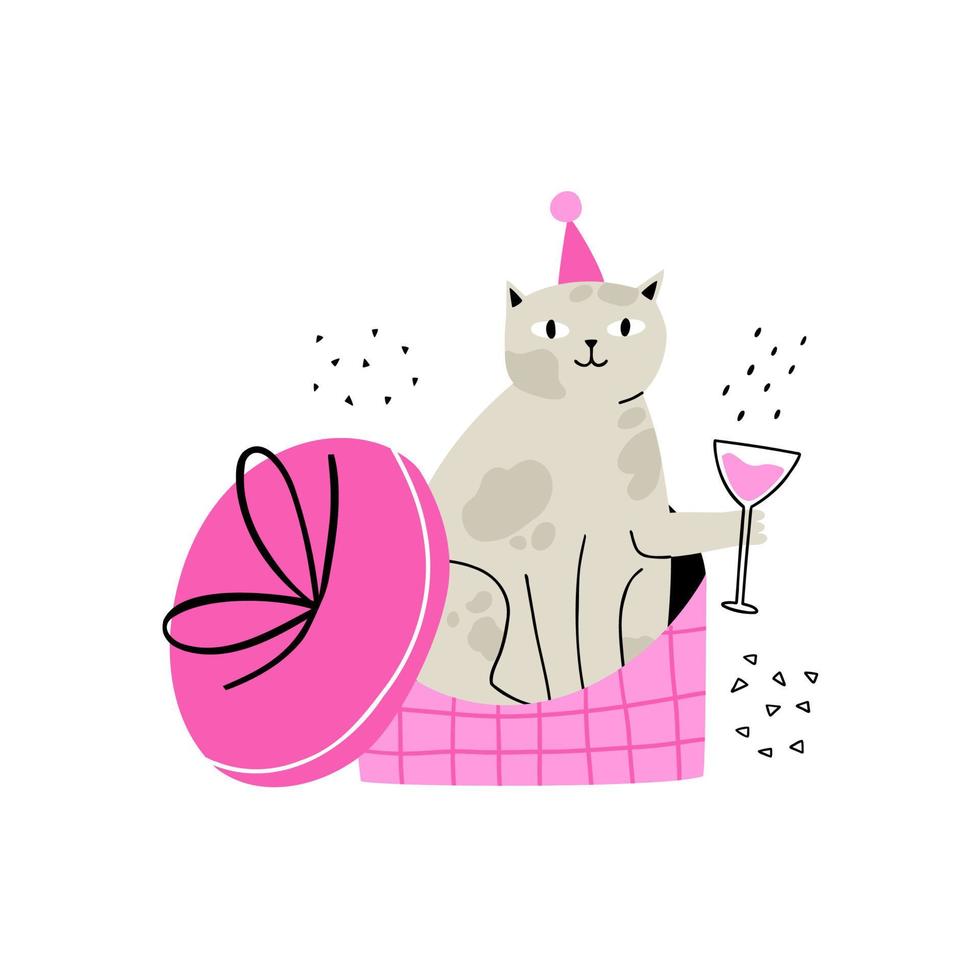 cat with a glass of drink in flat style. hand drawn vector illustration.