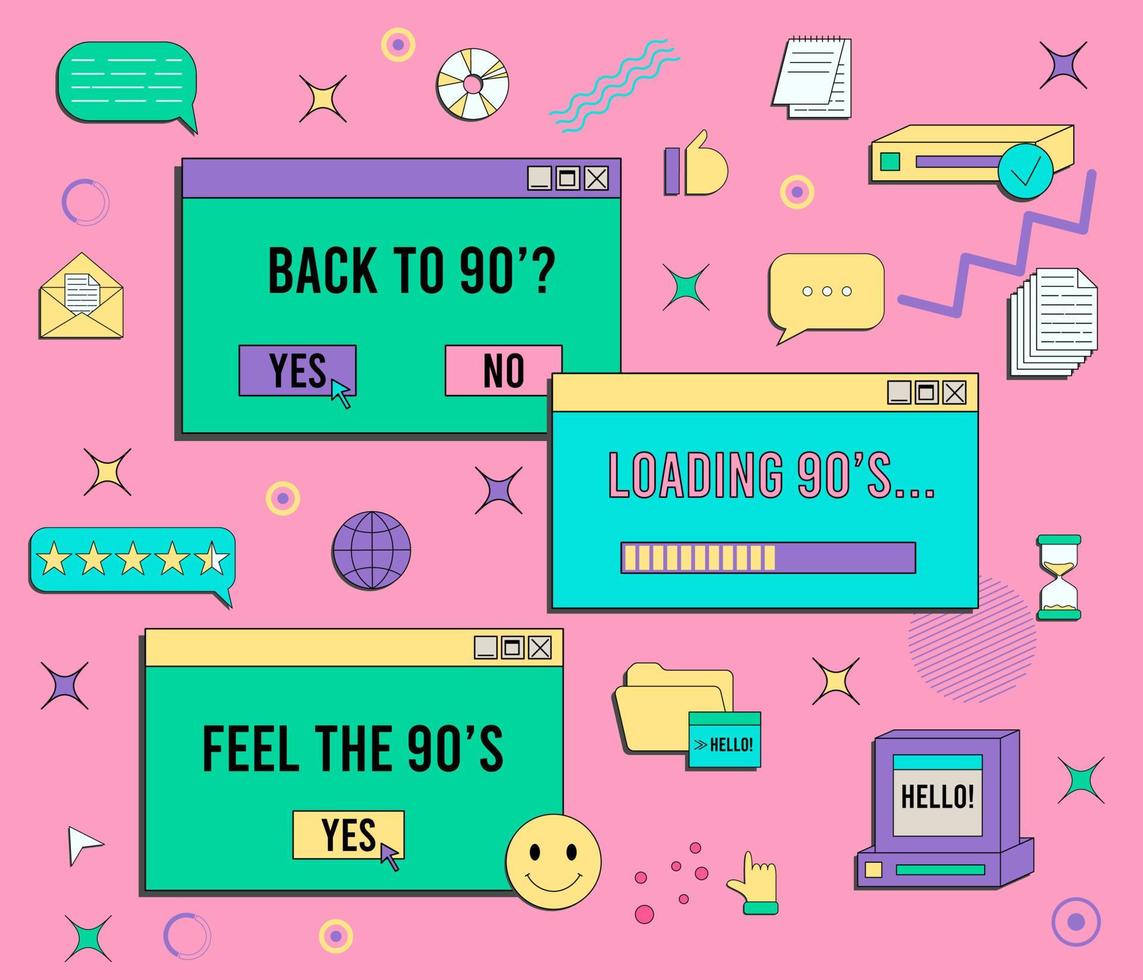 Set of vaporwave UI and UX elements. PC retro game frame. Nostalgic style 70s, 80s, 90s. vector