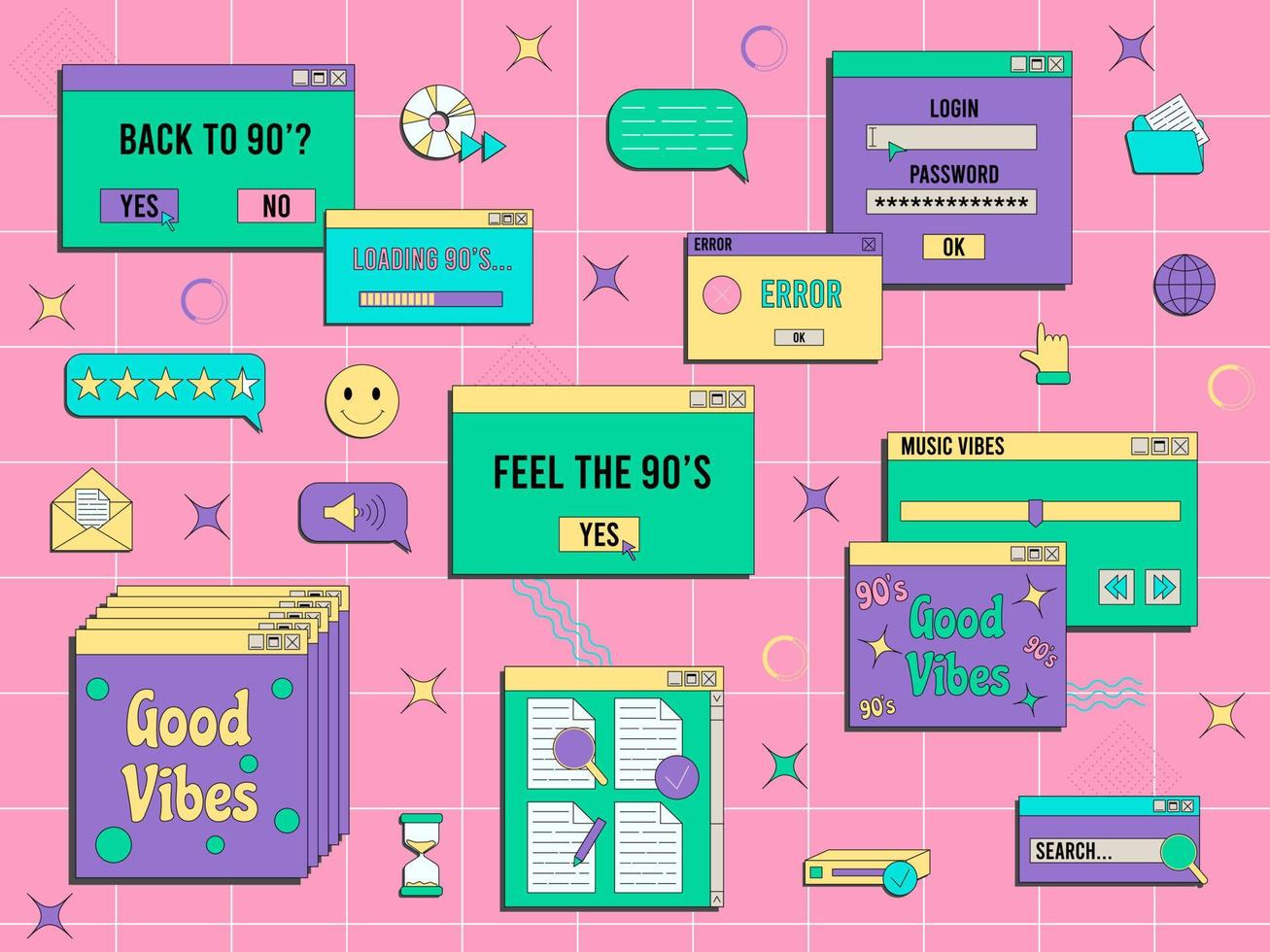 Set of vaporwave UI and UX elements. PC retro game frame. Nostalgic style 70s, 80s, 90s. vector