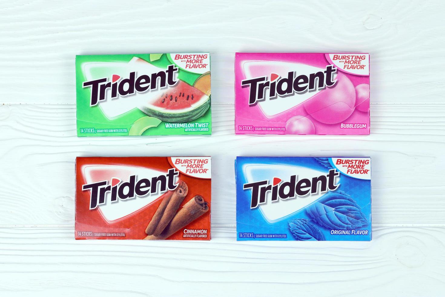 KHARKIV, UKRAINE - MARCH 15, 2021 Packs of Trident gums. Trident was introduced in 1964 as one of the first patented sugarless gums photo