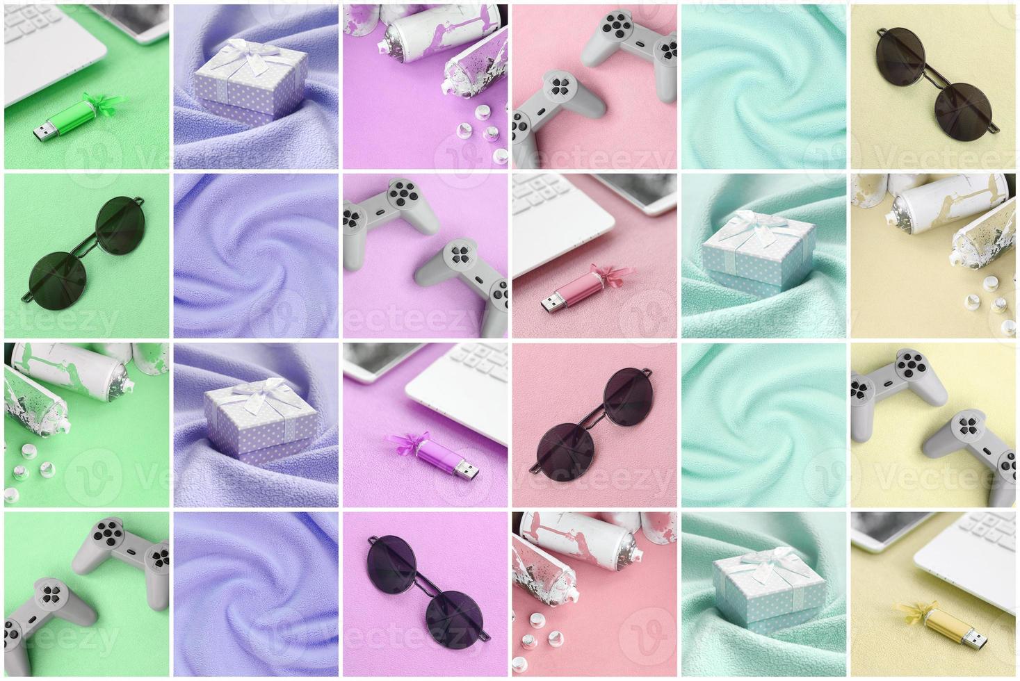 A set of pictures with fashionable youth objects on a soft fleece surface. Trendy pastel light colors photo