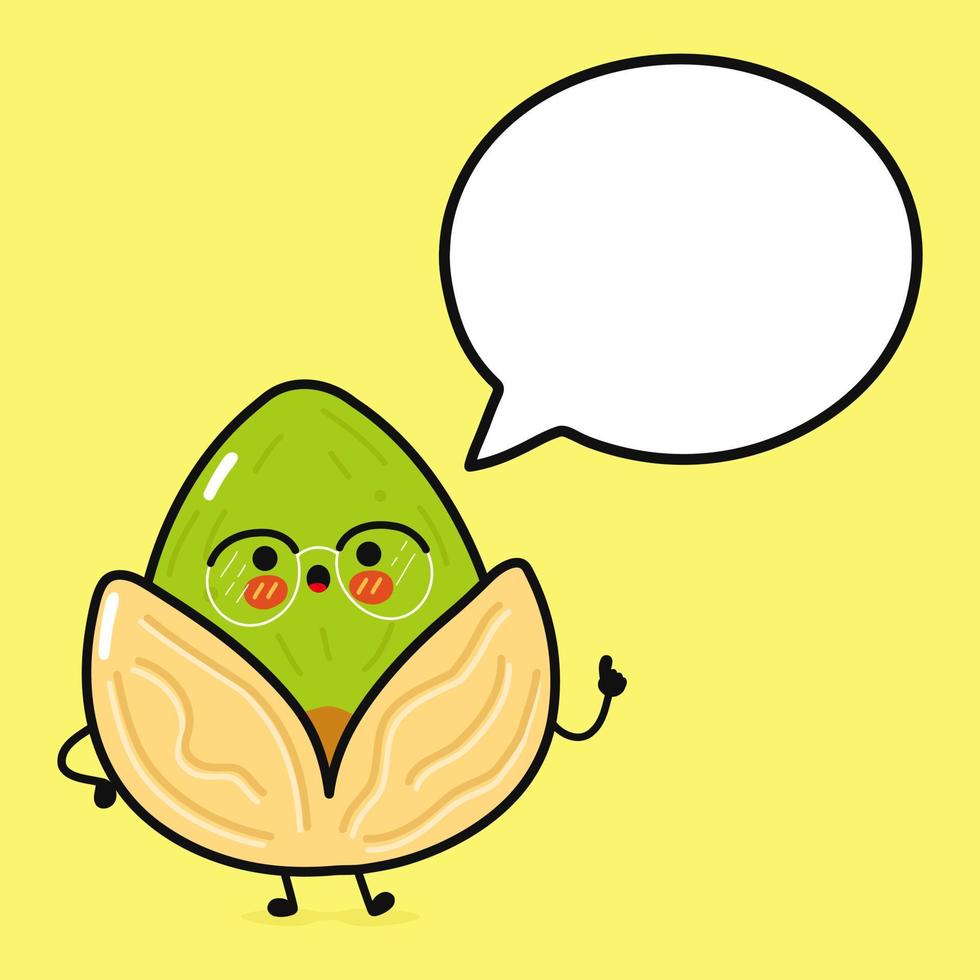 lindo pistacho divertido con burbuja de habla. icono de ilustración de personaje kawaii de dibujos animados dibujados a mano vectorial. aislado sobre fondo amarillo. concepto de personaje de pistacho vector