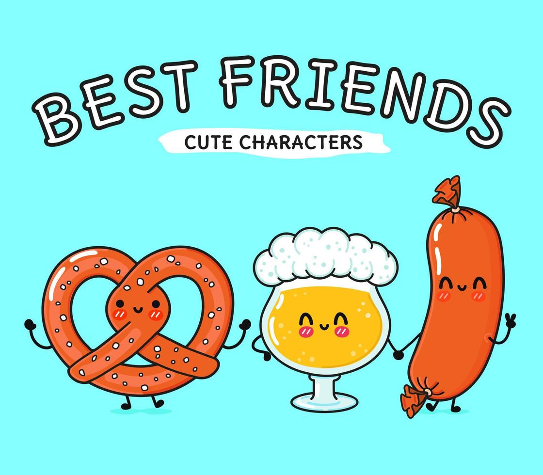 Cute, funny happy glass of beer, sausage and pretzel. Vector hand drawn cartoon kawaii characters, illustration icon. Funny cartoon glass of beer, sausage and pretzel mascot friends concept