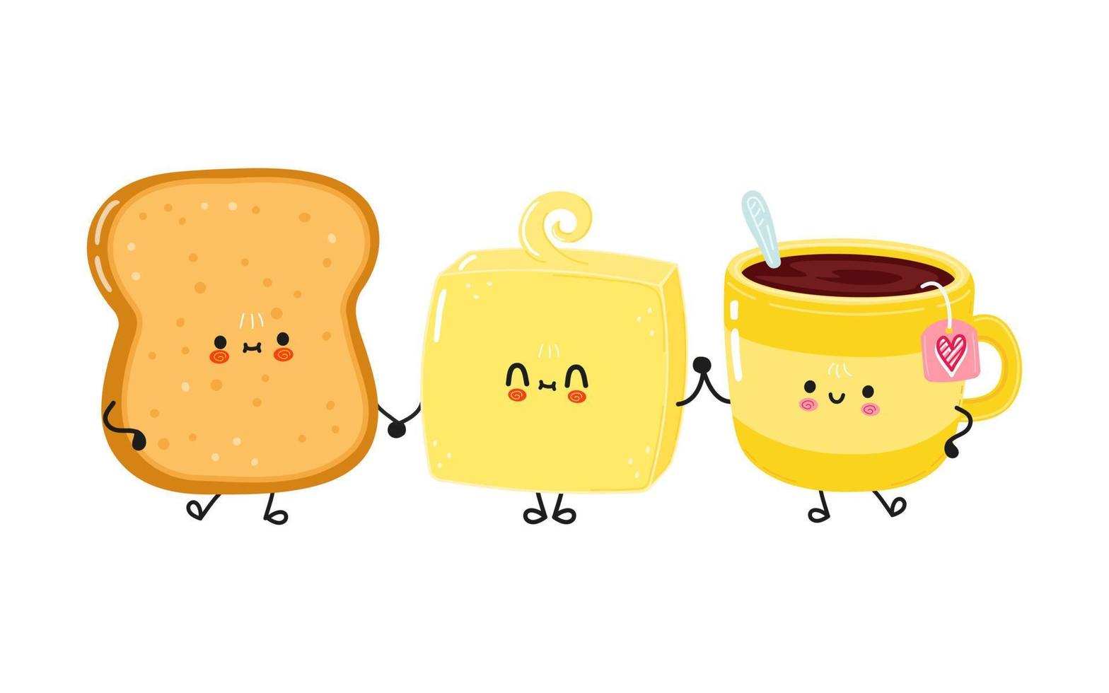 Cute happy toast cup of tea and butter card. Vector hand drawn doodle style cartoon character illustration icon design. Happy toast cup of tea and butter friends concept card