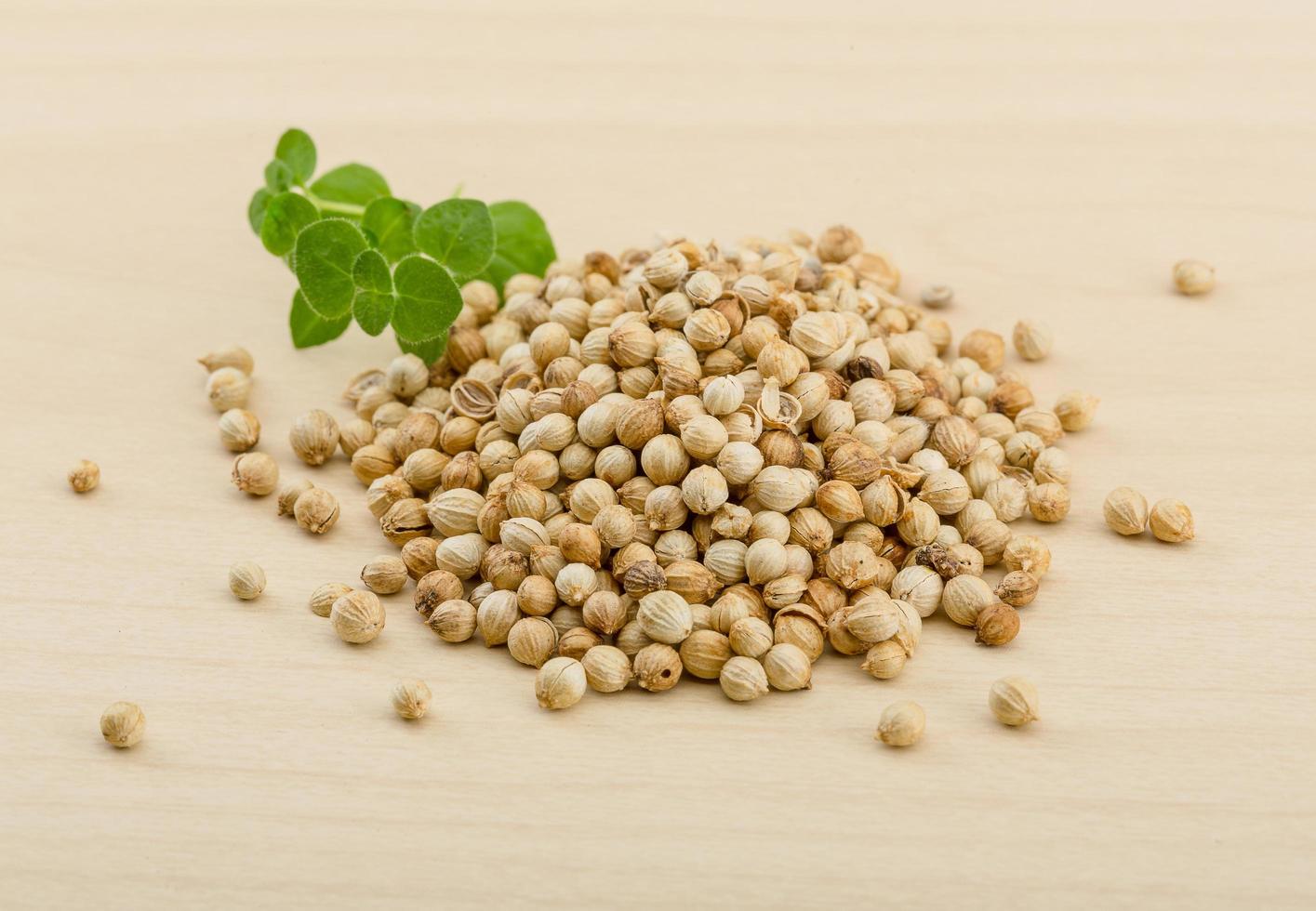 Coriander seeds on wood photo