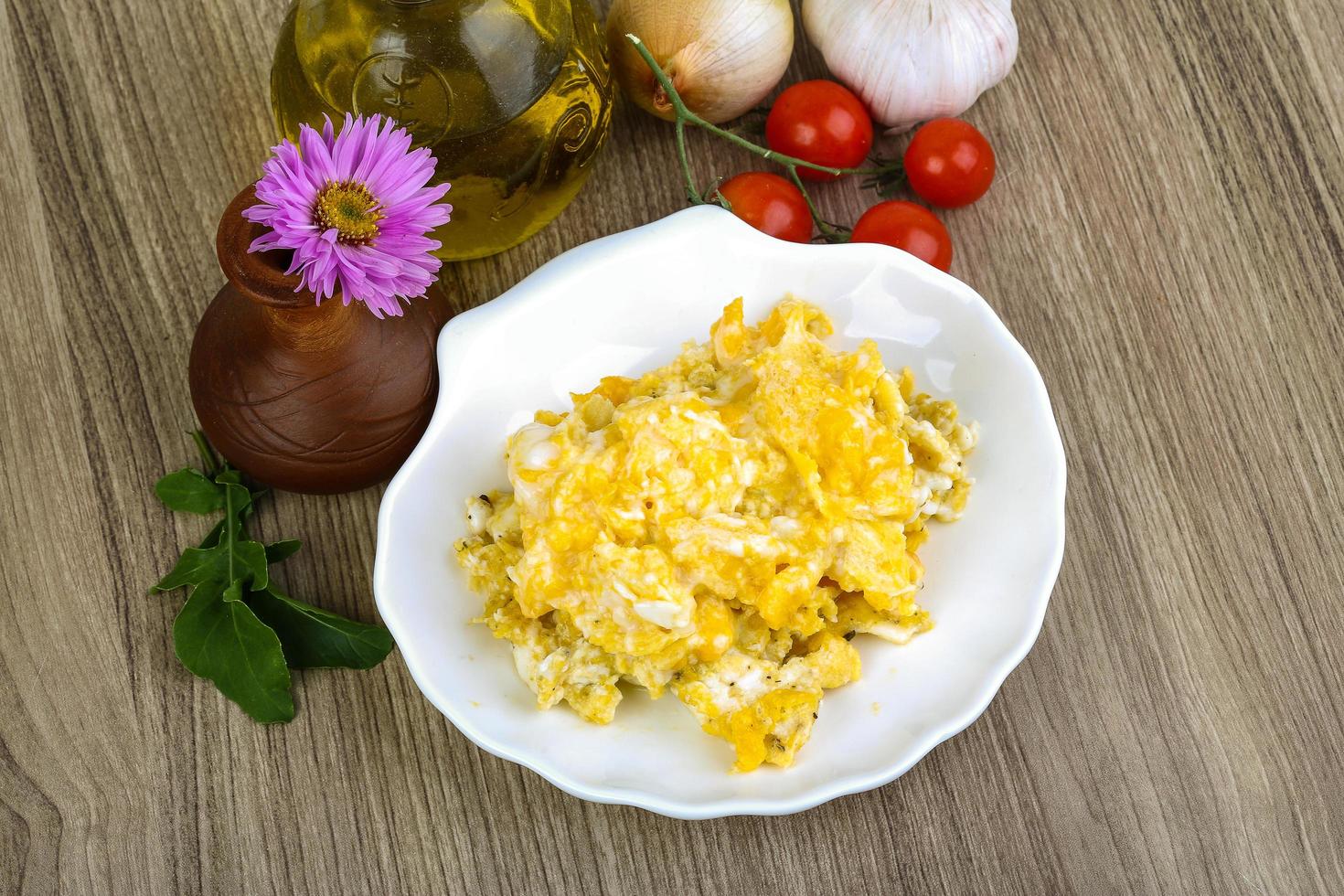 Scrambled eggs on wood photo