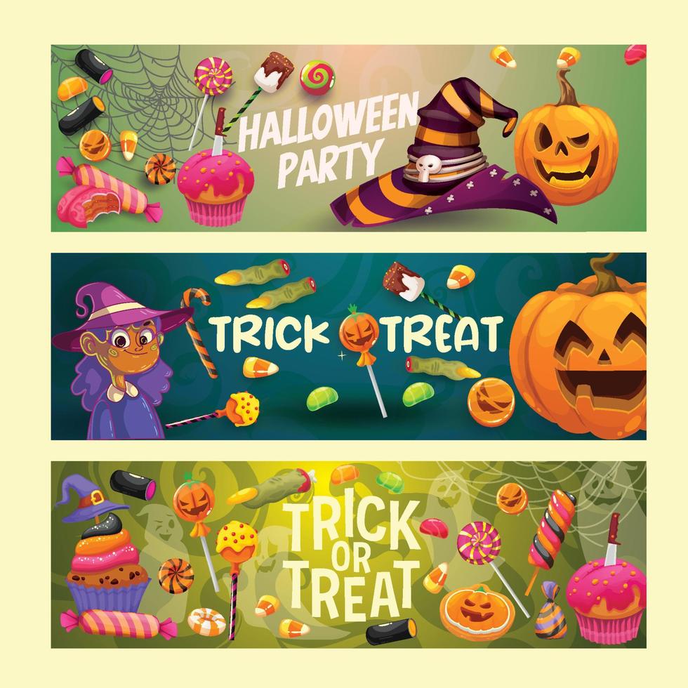 halloween vacaciones dibujos animados pancartas dulces golosinas vector