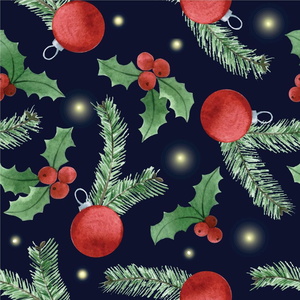 watercolor drawing. christmas seamless pattern with holly leaves and fir branches and Christmas toys on a dark background vector