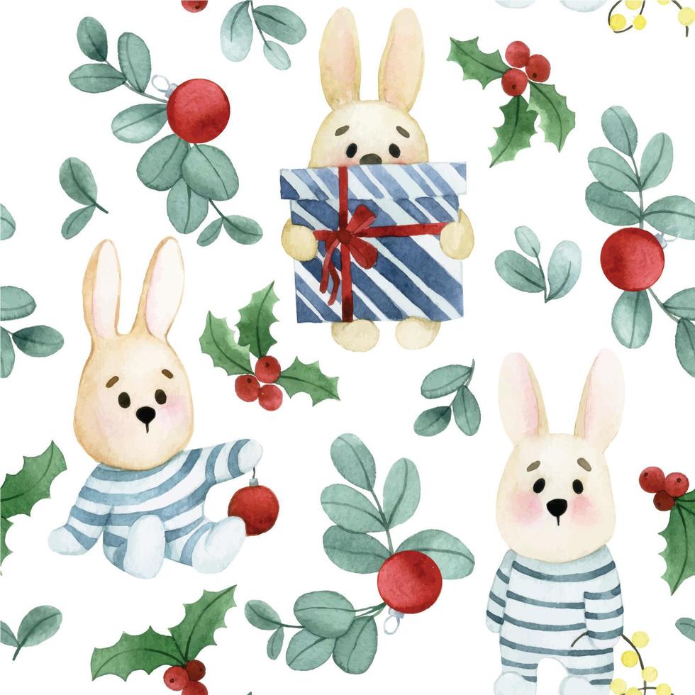 dibujo de acuarela. patrón sin fisuras de navidad con lindos conejitos y juguetes de navidad, regalos. personajes divertidos para niños vector