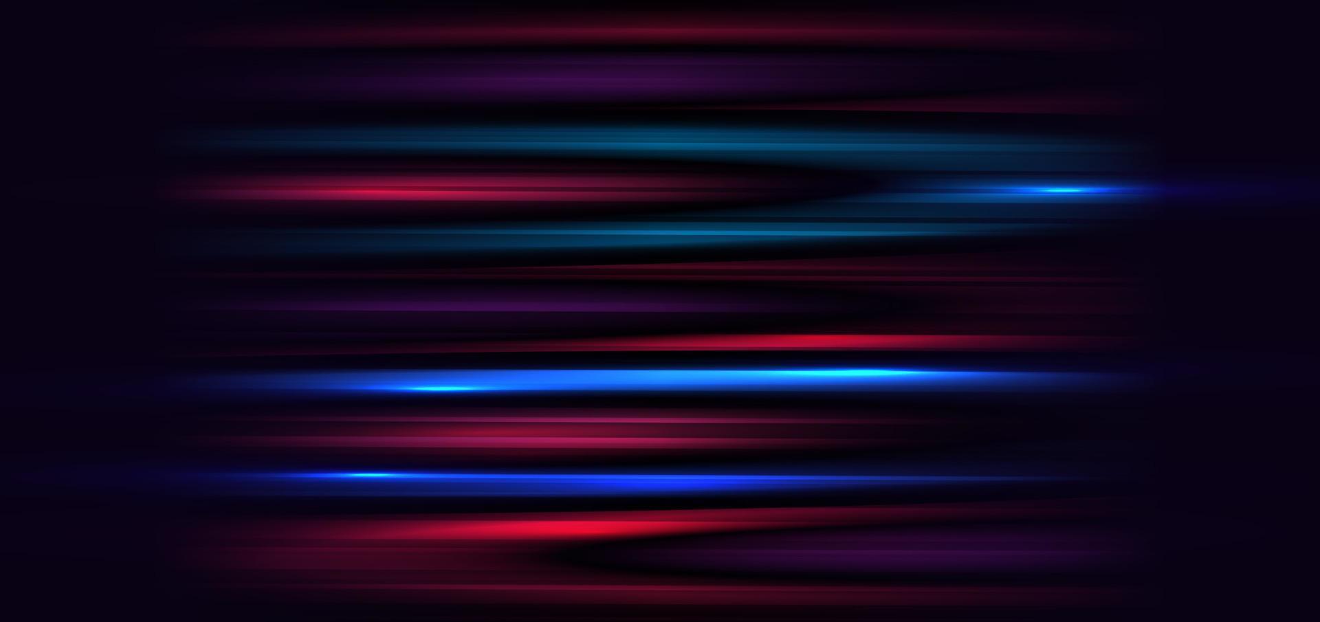 tecnología abstracta líneas de luz azul y roja brillantes futuristas con efecto de desenfoque de movimiento de velocidad sobre fondo azul oscuro. vector