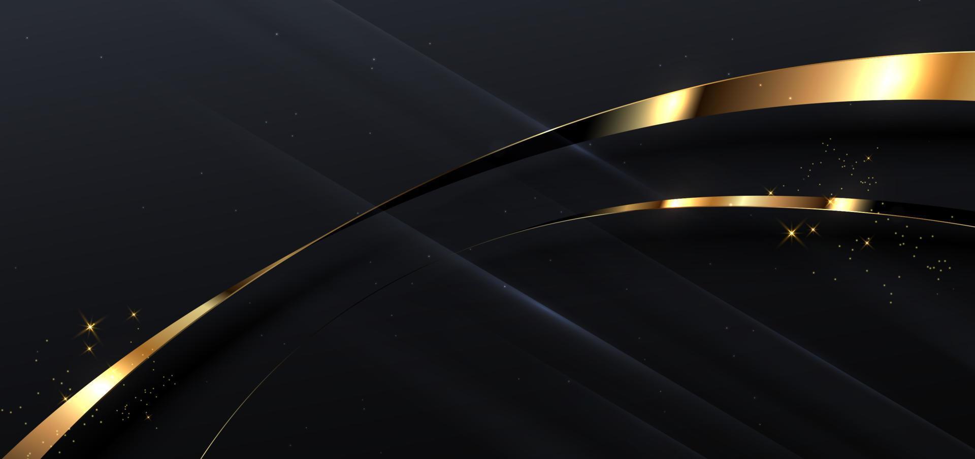 3D gold curved dark and gold ribbon on black background with lighting effec and space for text. Luxury design style. vector