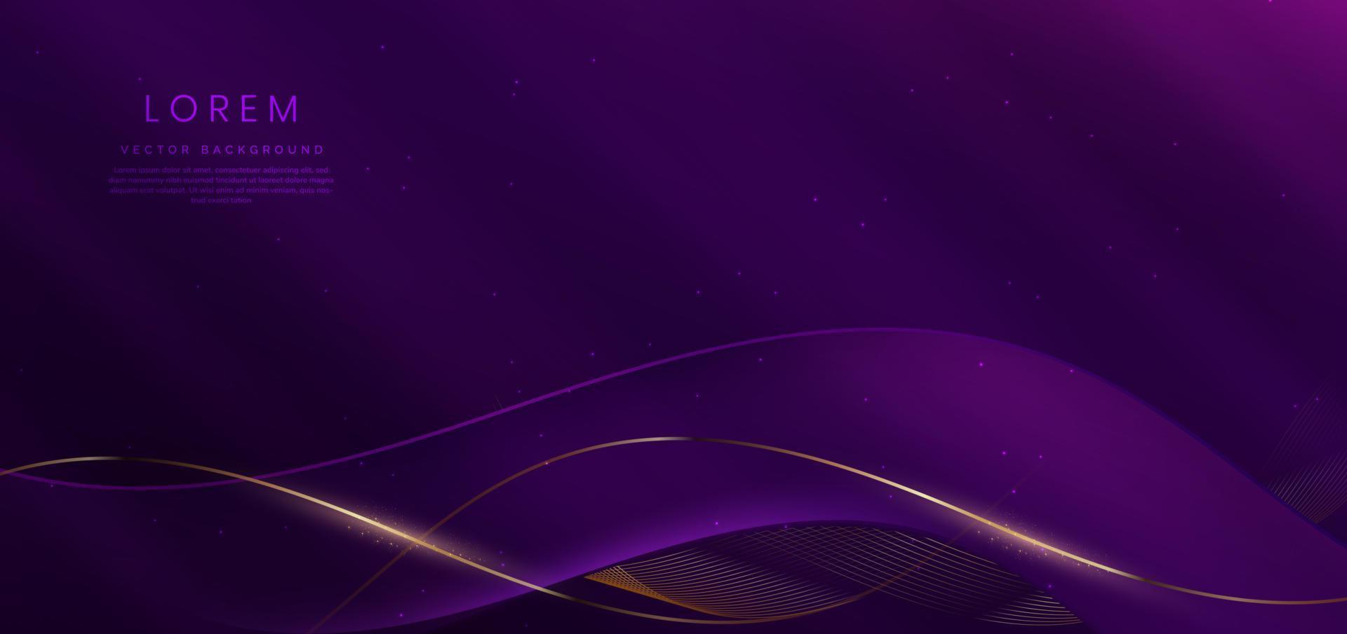 Luxury curve golden lines on dark purple  background with lighting effect copy space for text. Luxury design style. vector