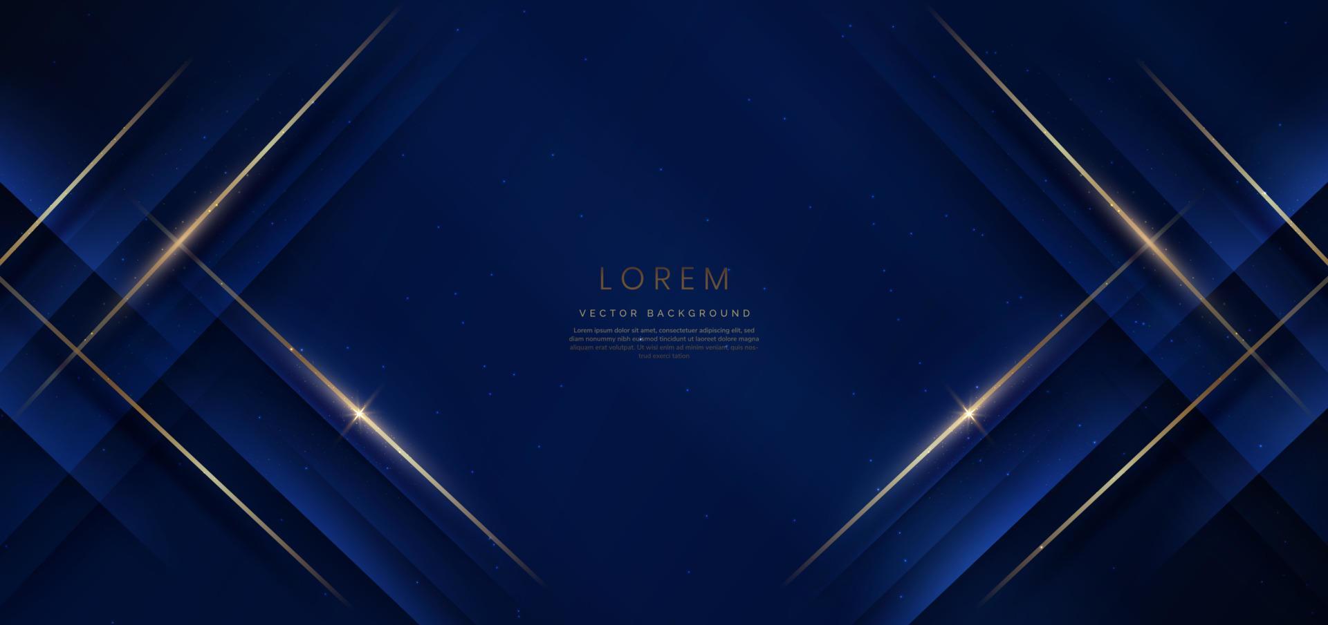 Abstract elegant dark blue background with golden line and lighting effect sparkle. Luxury template design. vector