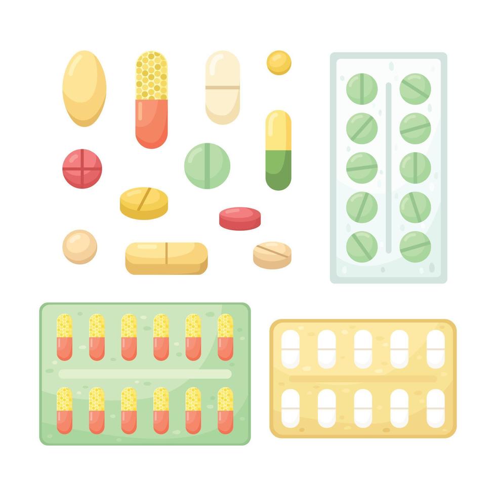 Vector set of illustrations of tablets, capsules and packages with tablets.