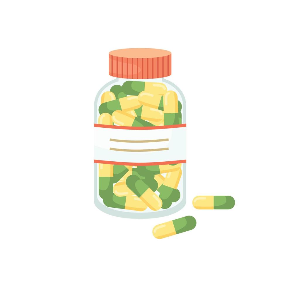 Vector illustration of a bottle with pills. Medication.