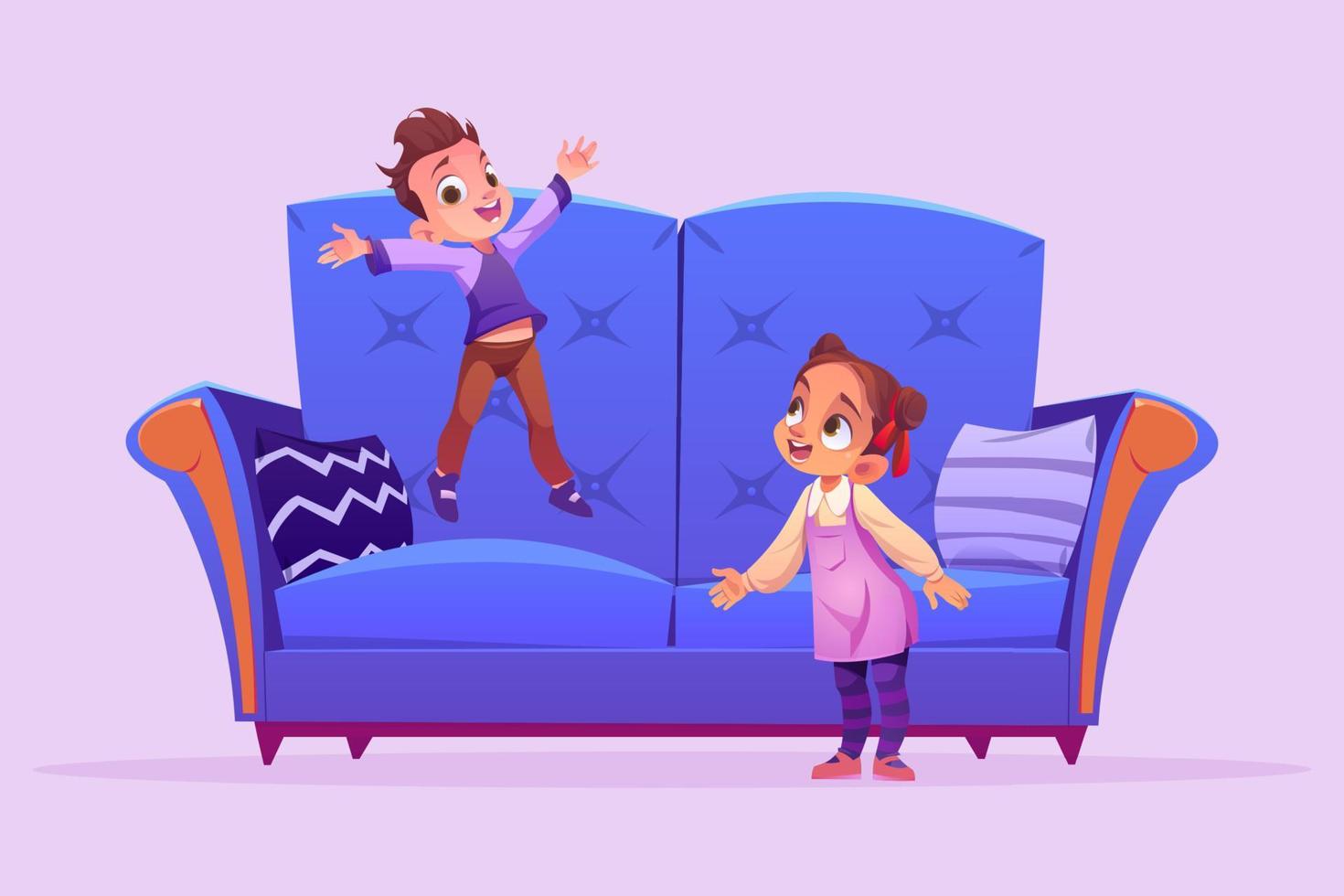 Happy kids jump and play on couch at home vector