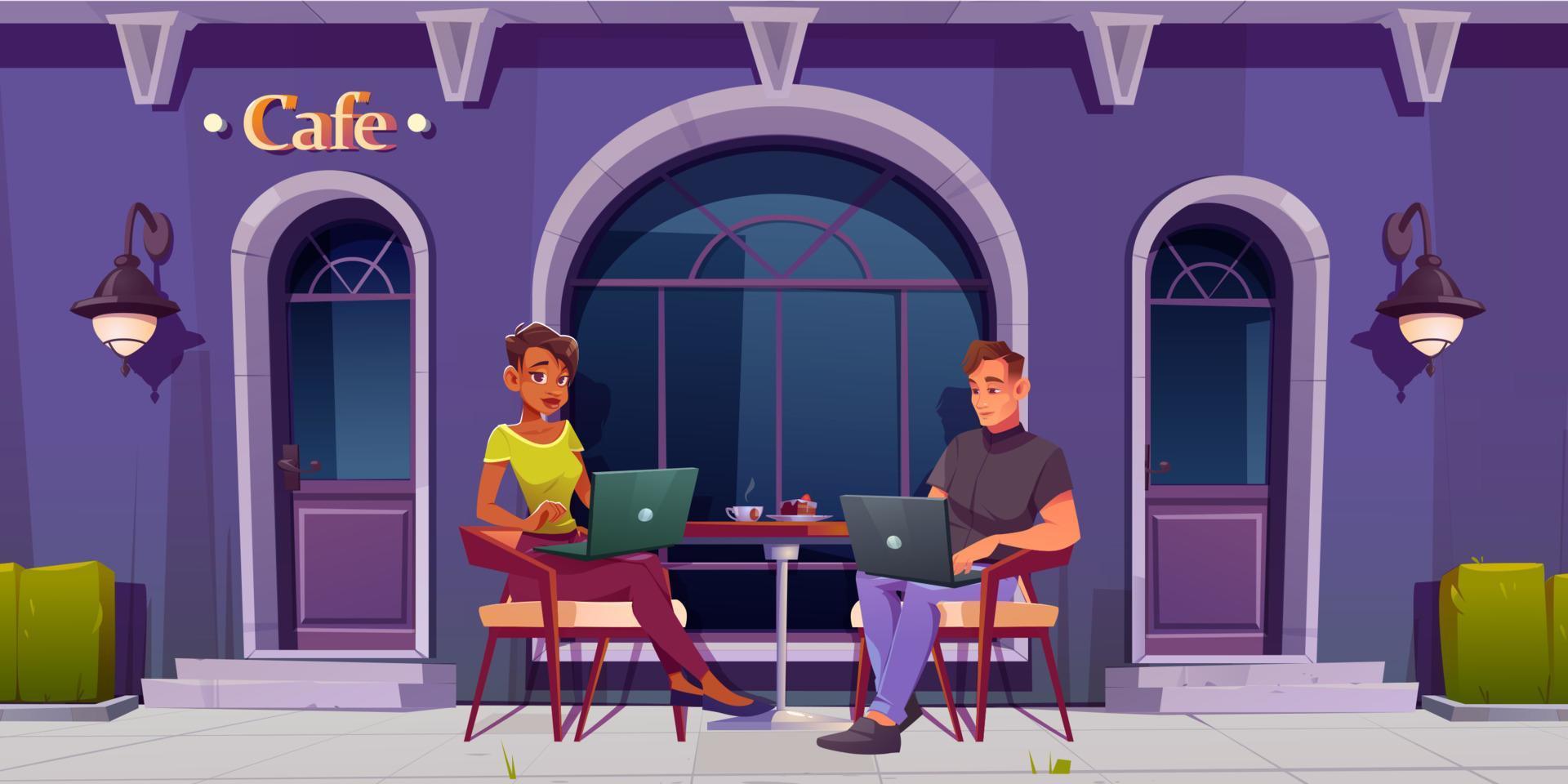 Man and woman work on laptops sitting in cafe vector