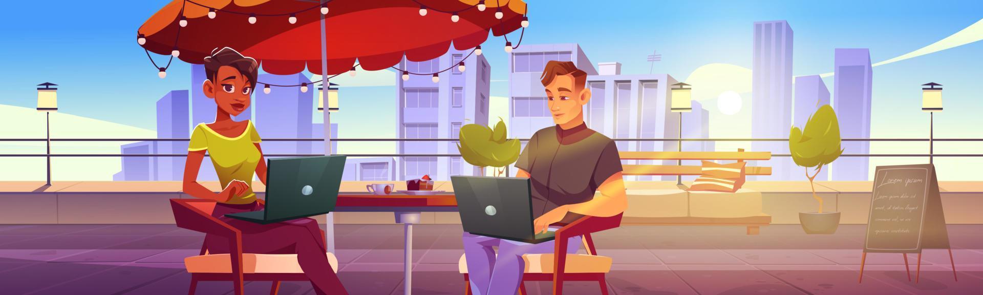 Freelancers couple with laptops work on rooftop vector