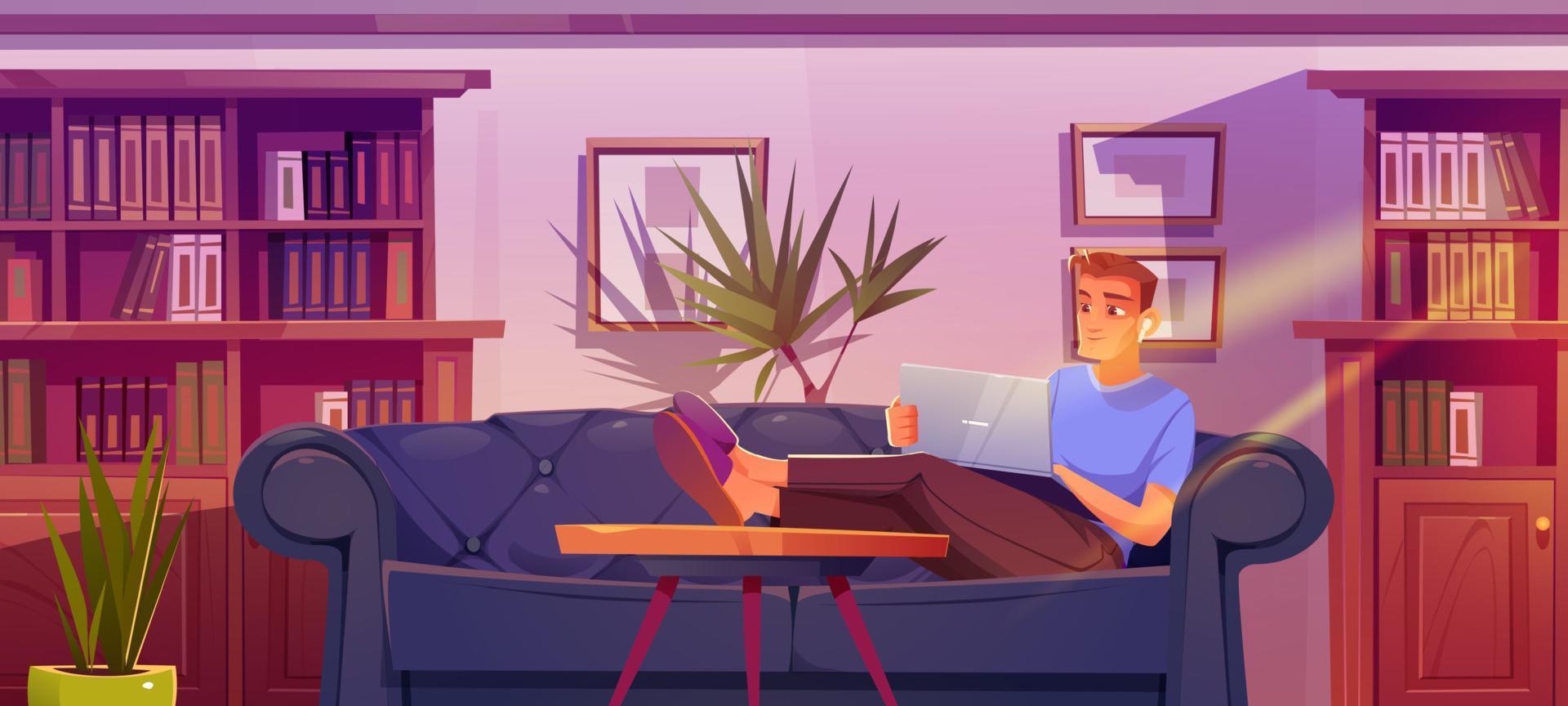 Man freelancer work on laptop at home office vector