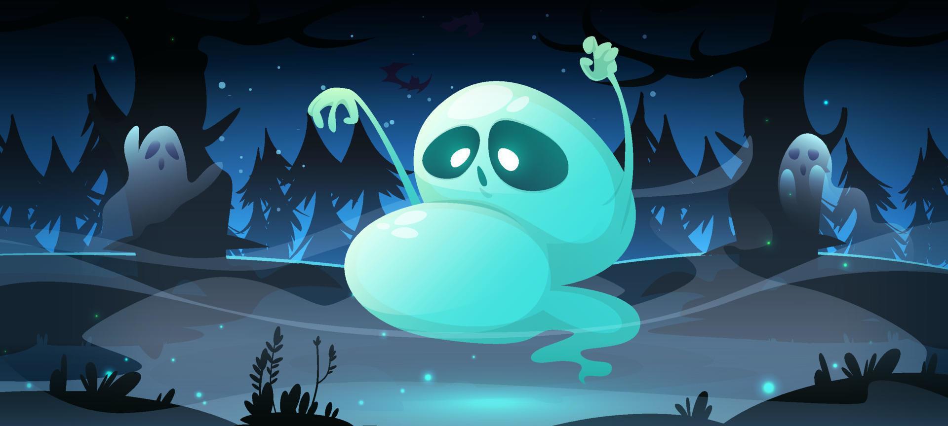 Spooky ghosts in dark forest at night vector