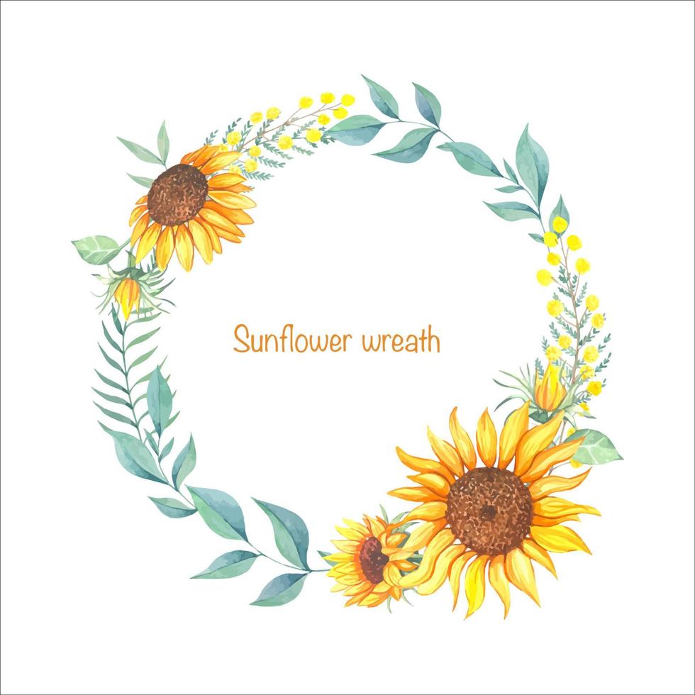 Wreath with sunflowers, watercolor illustration isolated vector