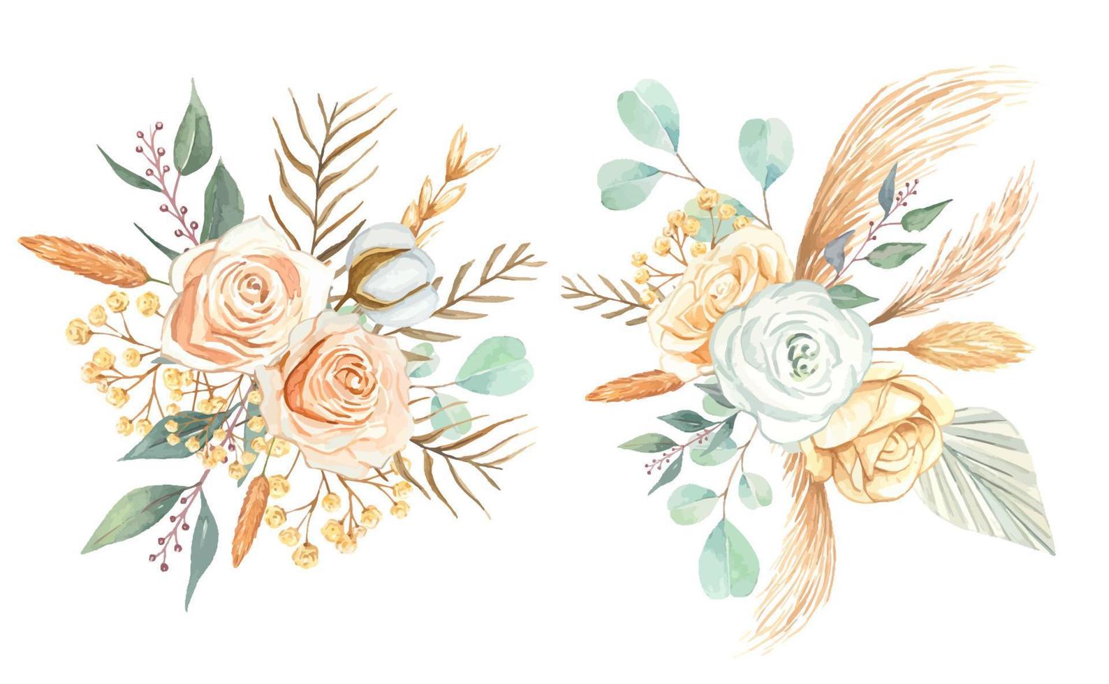 Watercolor bouquets of dried plants and leaves in boho style. vector