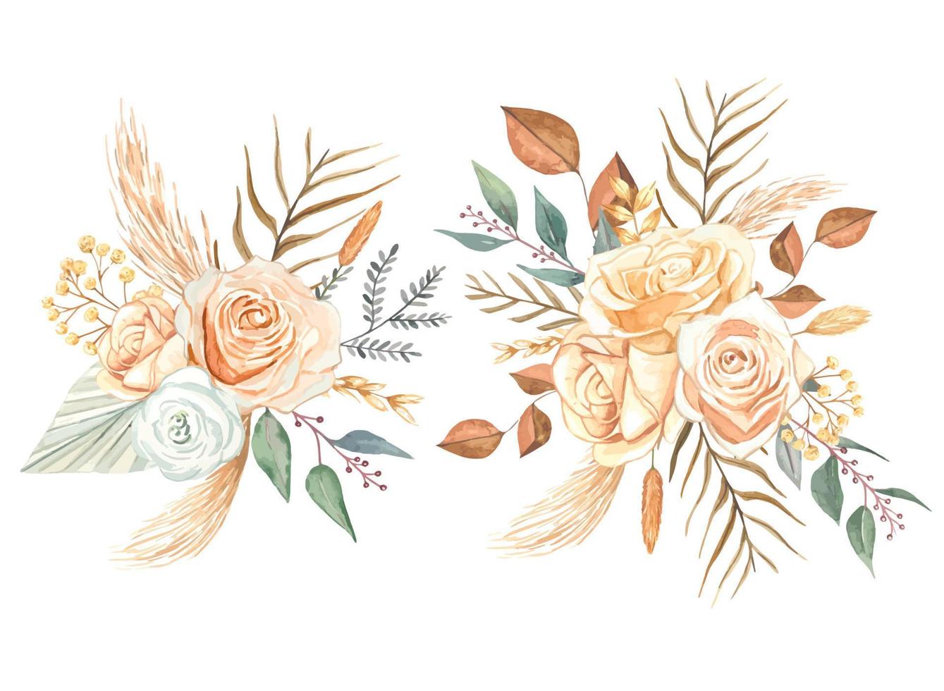Watercolor bouquets of dried plants and leaves in boho style. vector
