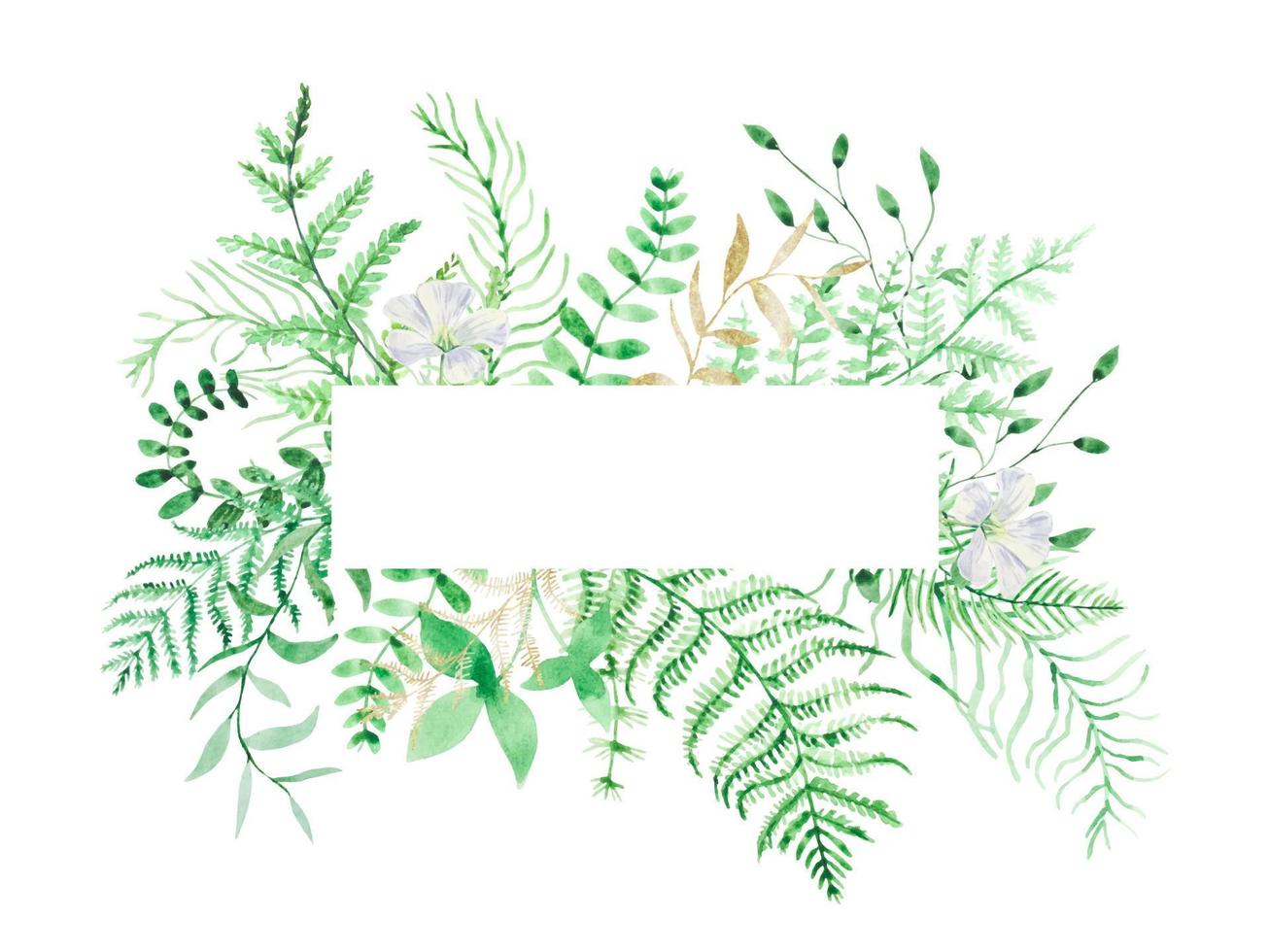 Watercolor horizontal frame  of forest leaves, fern leaves. Hand painted vector