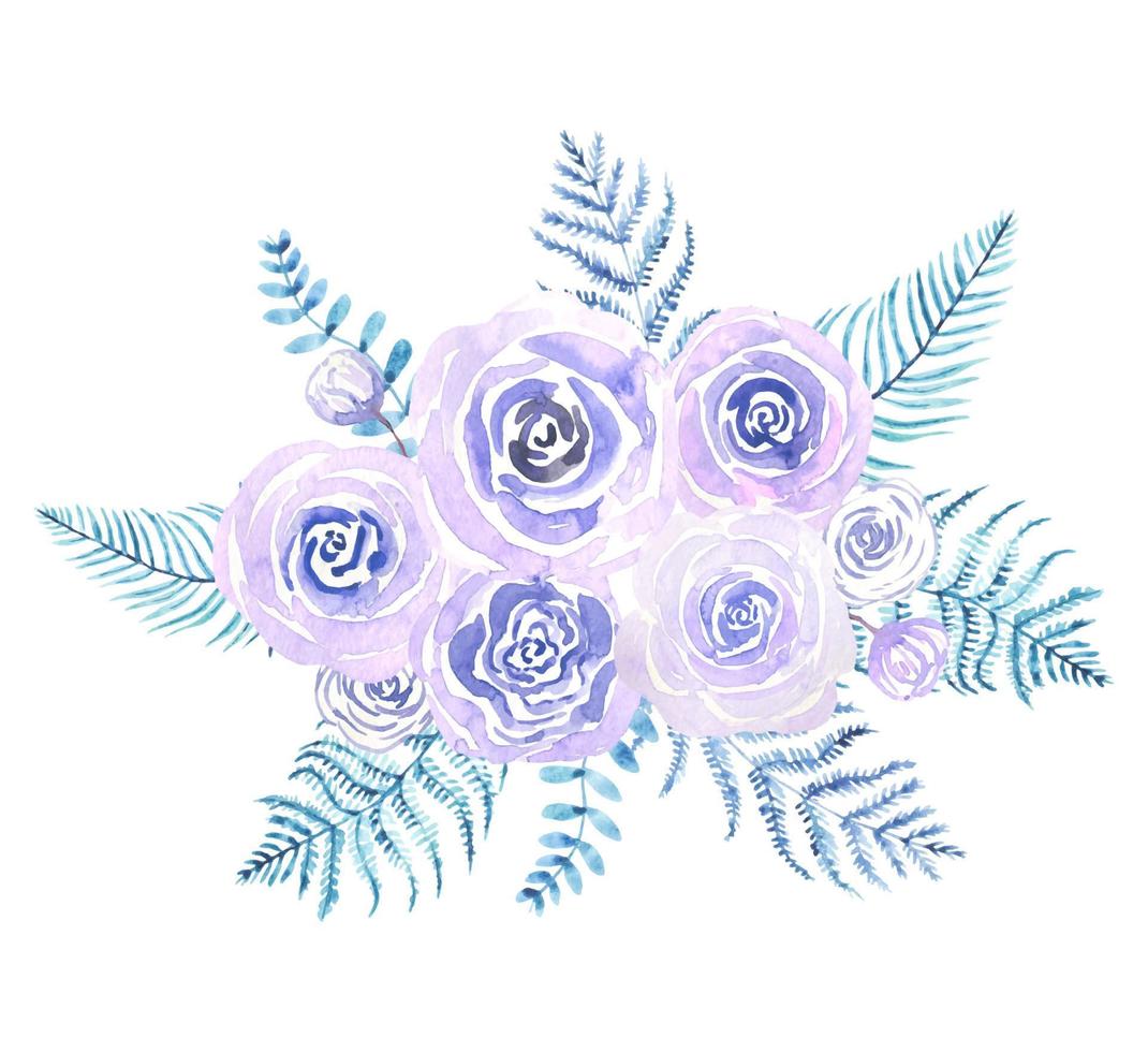 Watercolor abstract floral bouquet in blue,  purple colors. Hand painted vector