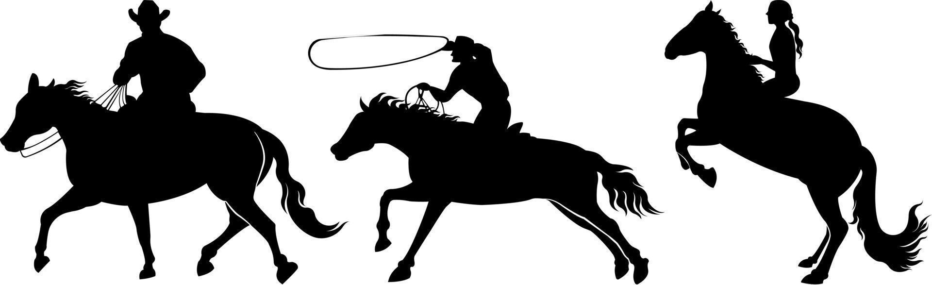 a set of vector silhouettes of horses and people riding them, isolated on a white background.