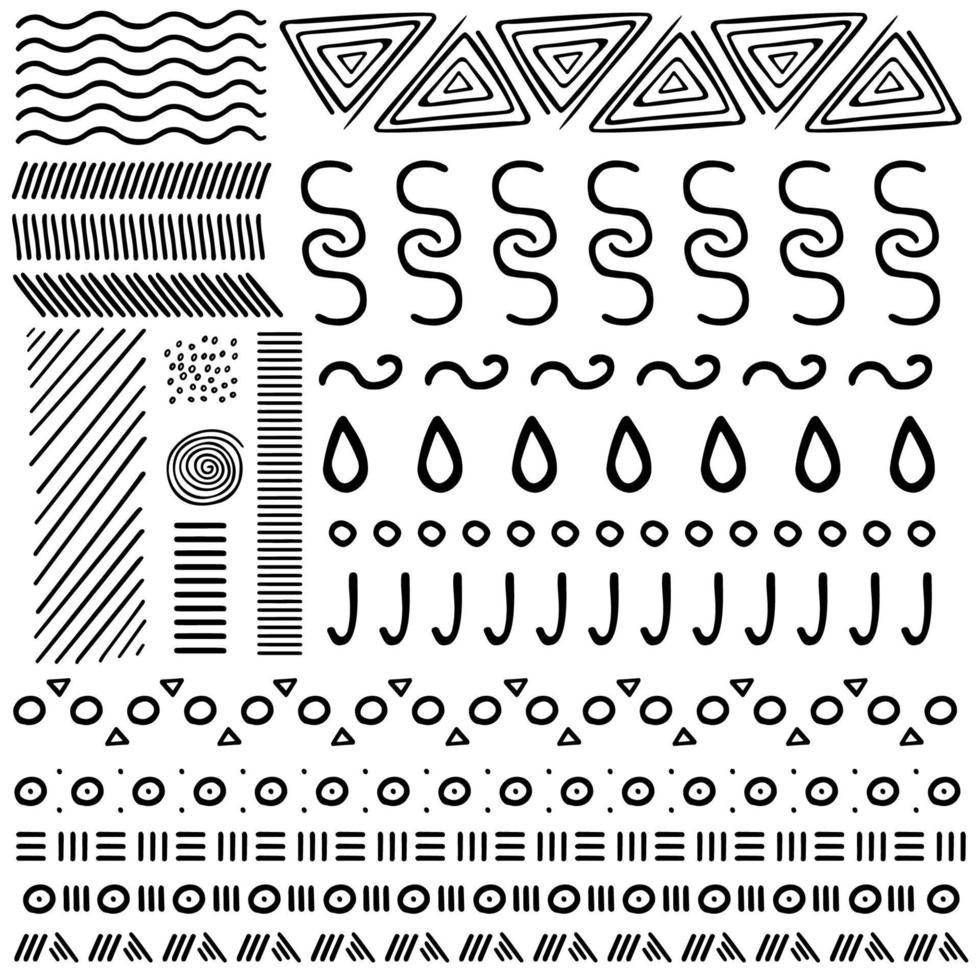 varias líneas de croquis, círculos, puntos y ondas. líneas en blanco y negro, curvas, puntos, espirales a mano. un conjunto de imágenes vectoriales abstractas dibujadas a mano. vector