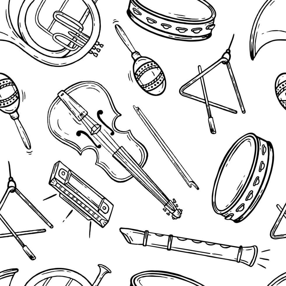 patrones sin fisuras instrumentos musicales dibujados a mano vector blanco y negro doodle ilustración