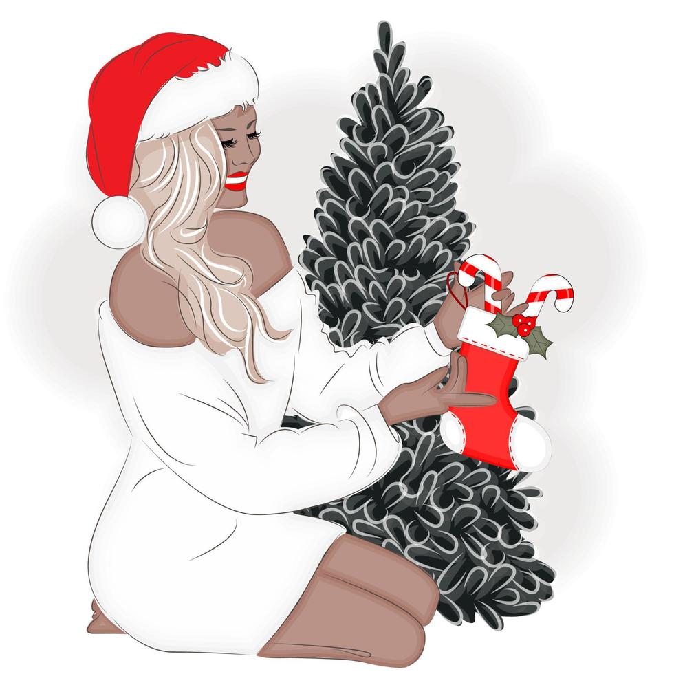 chica de moda en la víspera de navidad en un sombrero de santa, ilustración vectorial de moda vector