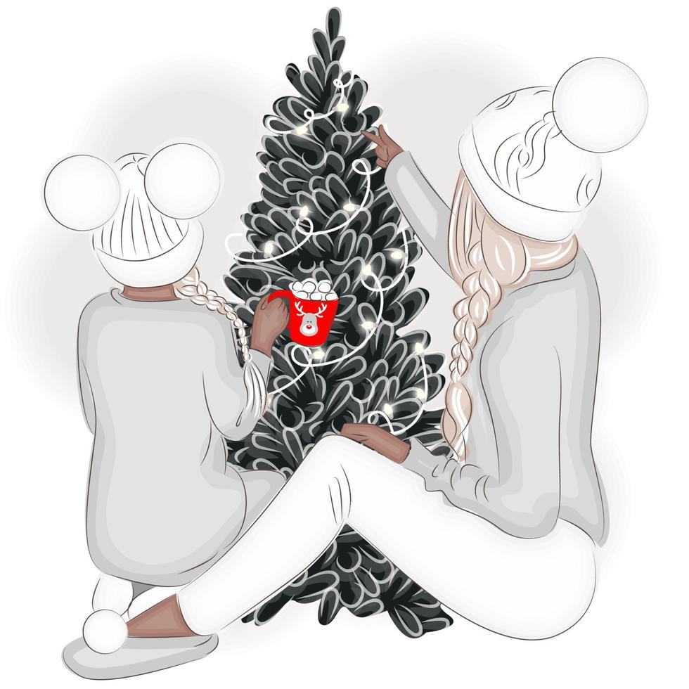 madre e hija navidad cerca del árbol de navidad, ilustración vectorial de moda vector