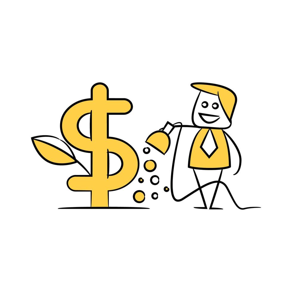 businessman watering dollar seed stick figure illustration vector