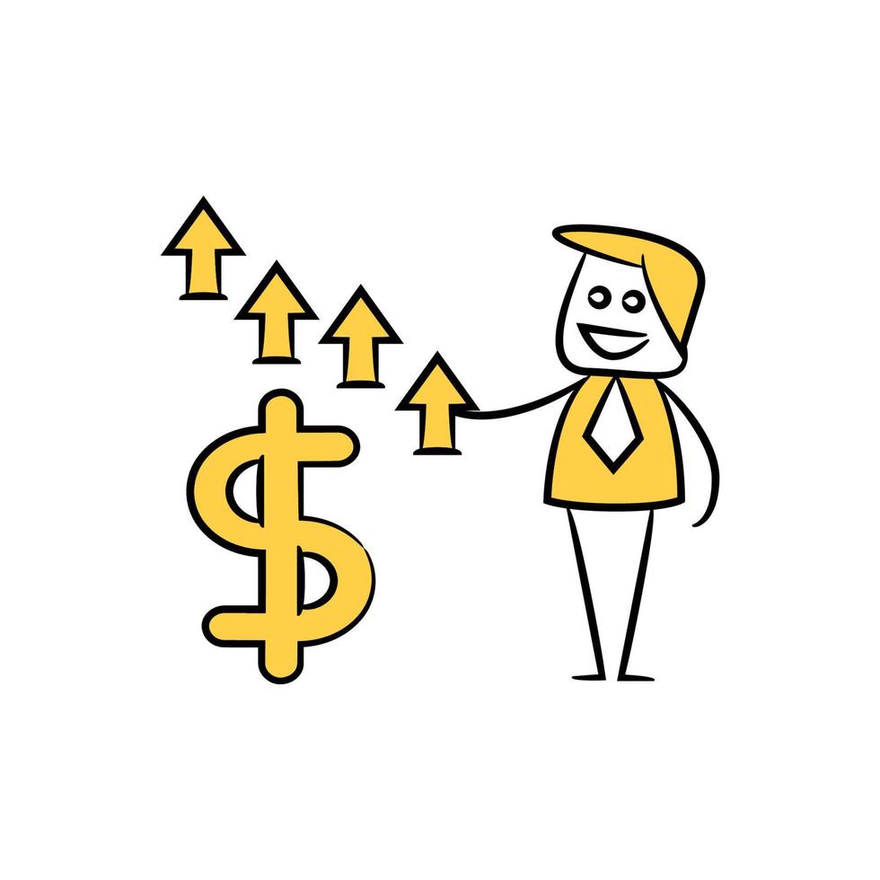 businessman and dollar up trend symbol stick figure illustration vector