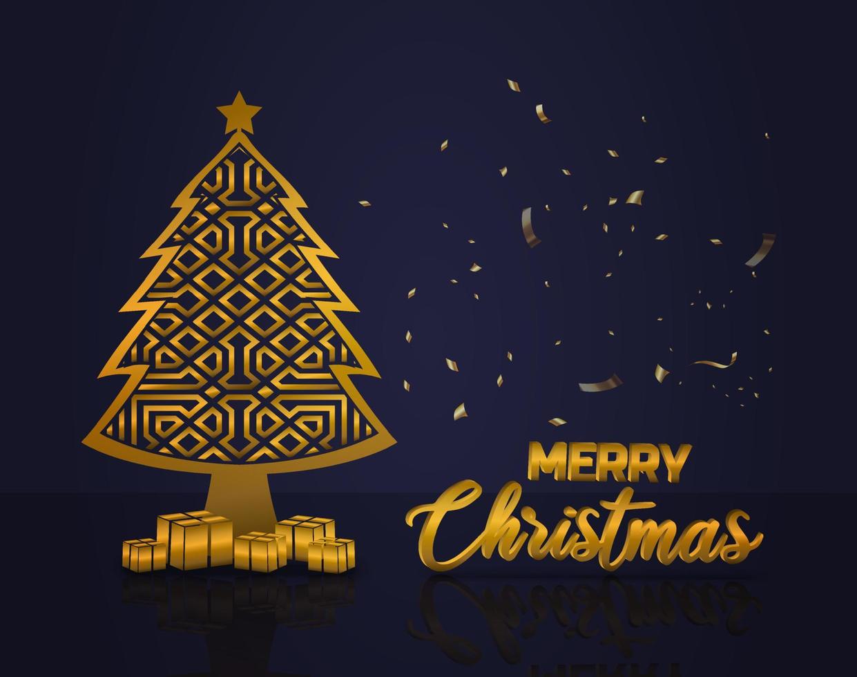 vector illustration of christmas greeting card, gold decoration, patterned tree and gift box, luxurious and elegant,