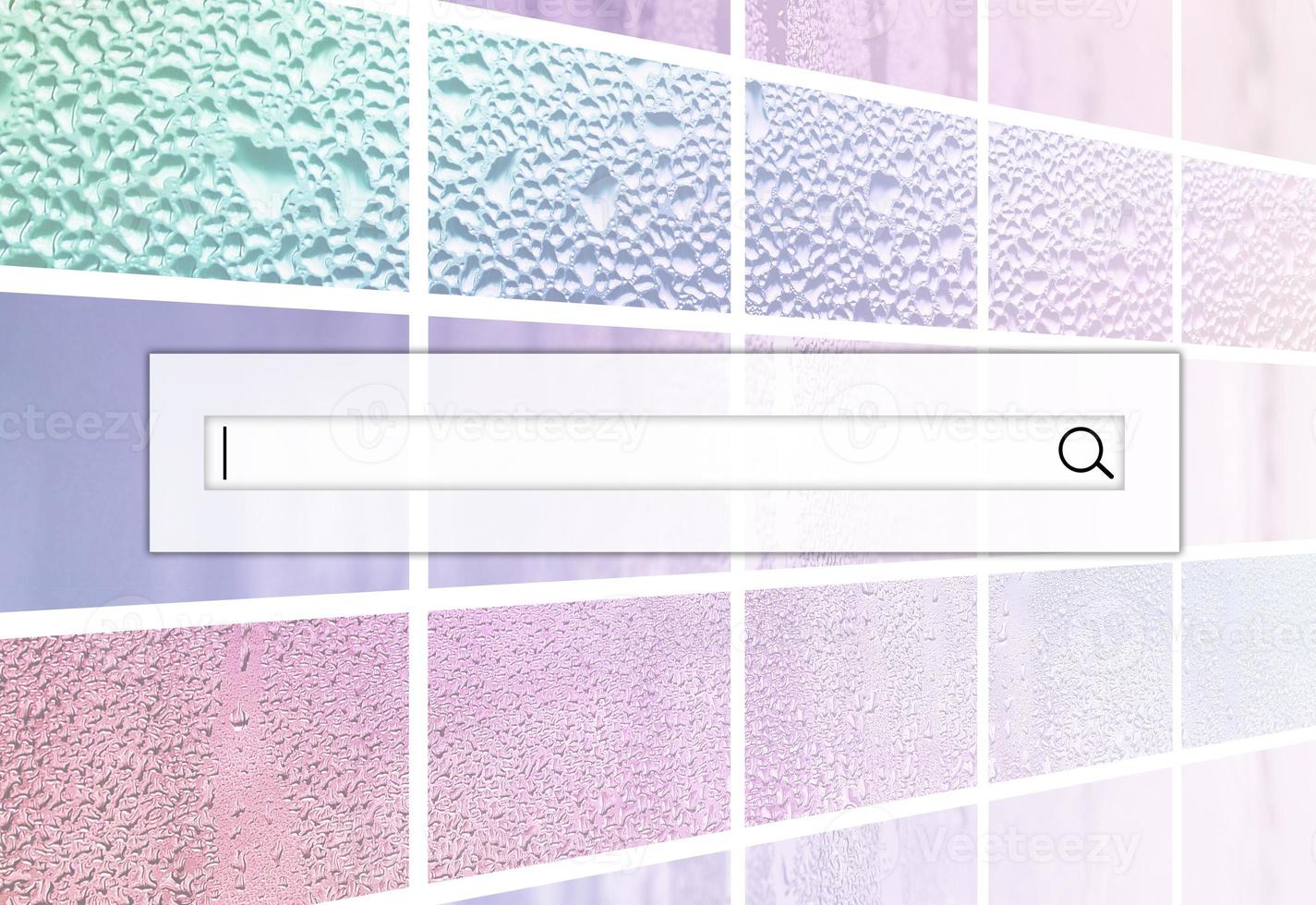 The search field is located on top of collage of many different fragments of glass, decorated with rain drops from the condensate. Rainbow colors photo