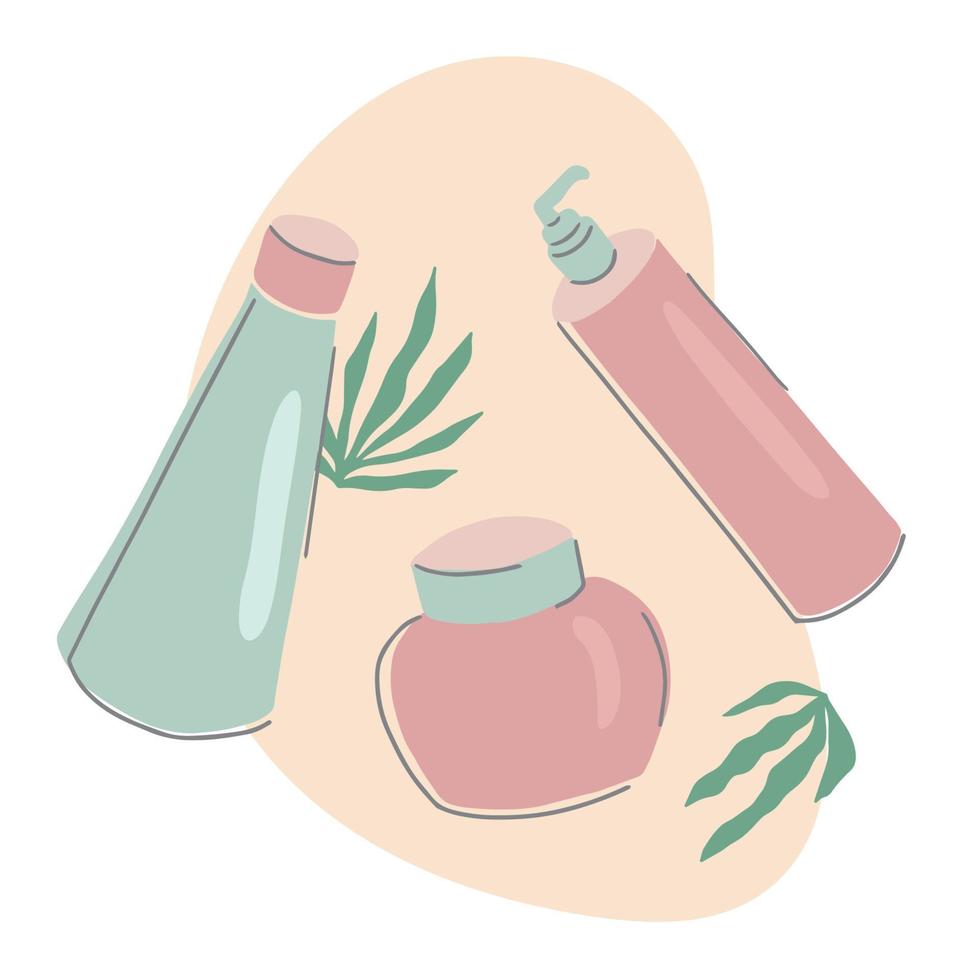 Beauty products arrangement. Flatlay with cosmetic bottles and tubes. Hand drawn vector illustration