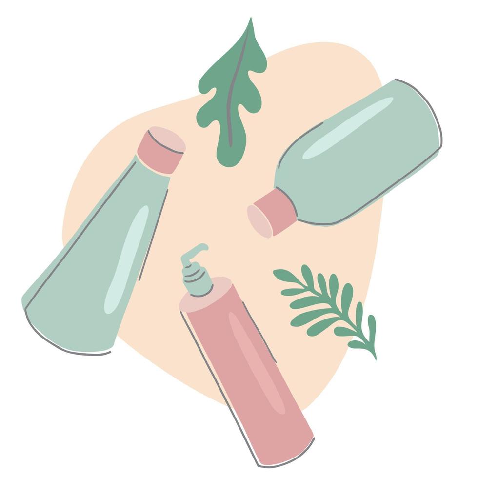 Beauty products arrangement. Flatlay with cosmetic bottles and tubes. Hand drawn vector illustration