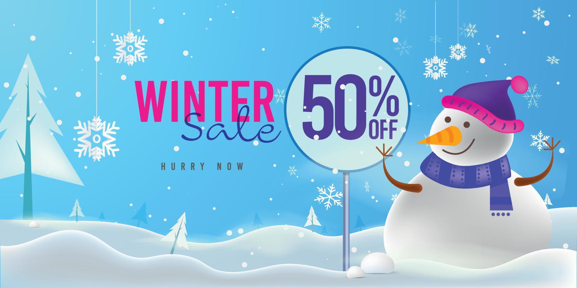 Plantilla de banner de venta de invierno muñeco de nieve con letrero de oferta en fondo de nieve vector