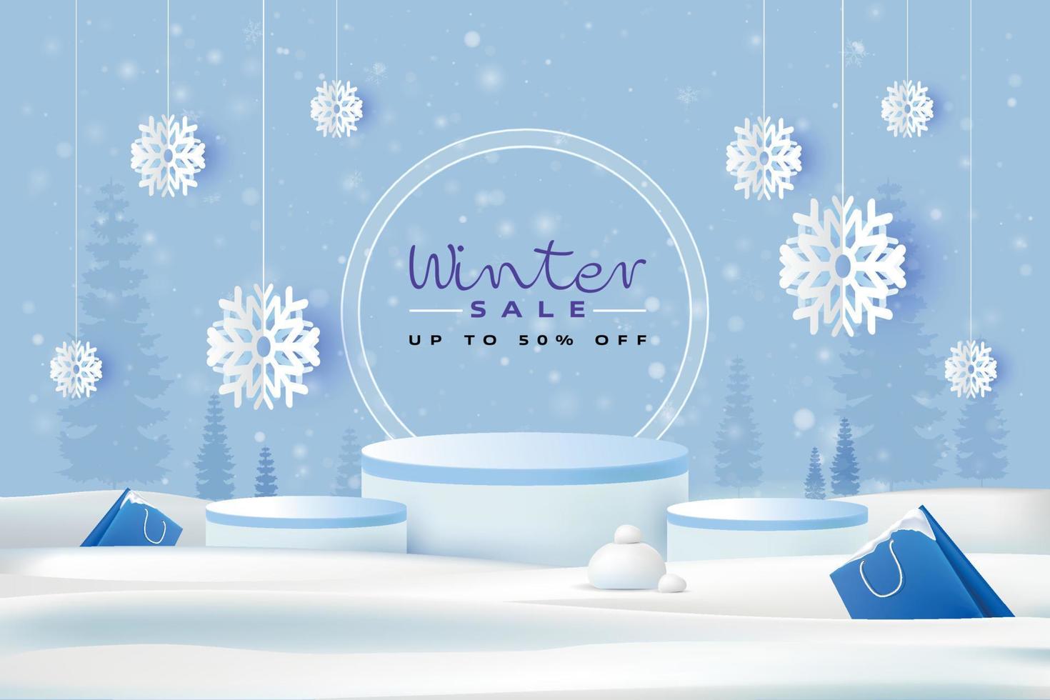 Winter sale banner template podium platform with snowflakes and shopping bags in snow vector