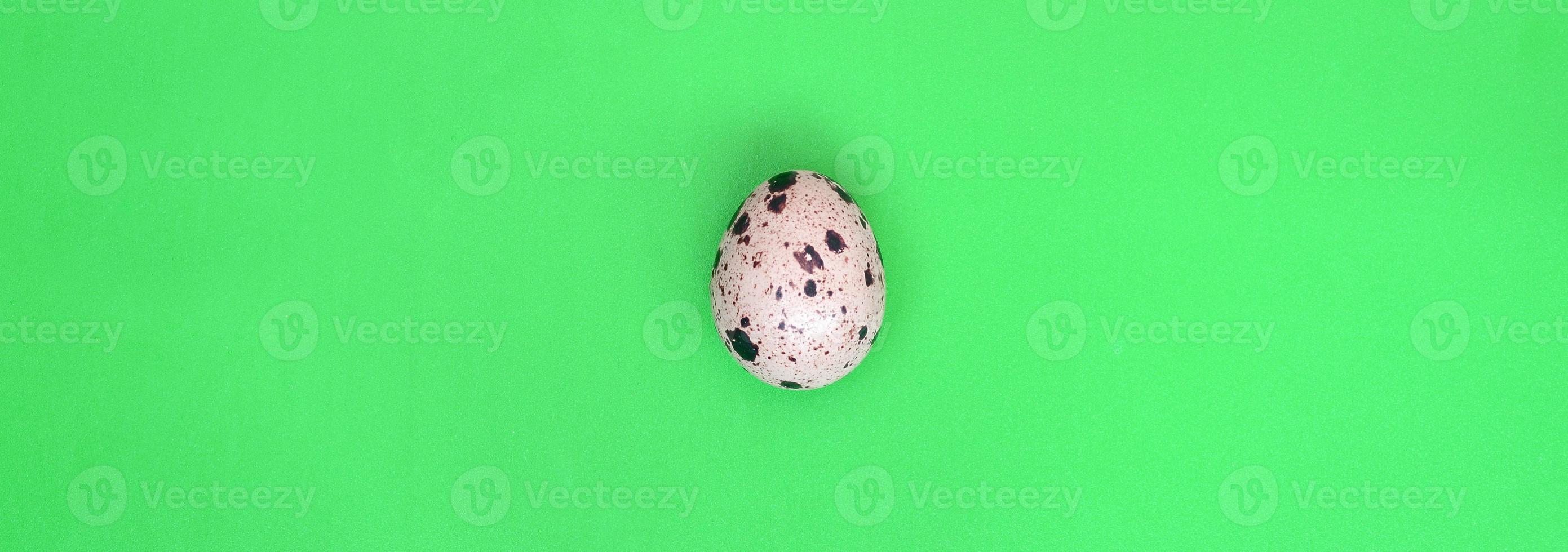 One quail egg on a light green surface, top view, empty place fo photo